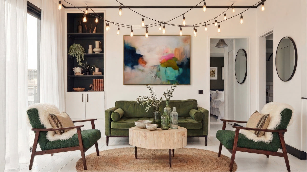 A styled living room interior featuring a green velvet sofa, two green armchairs with white faux-fur throws, a round light wood coffee table, and a large abstract painting on the wall. String lights hang from a black rod across the top, and a built-in shelving unit is visible on the left.