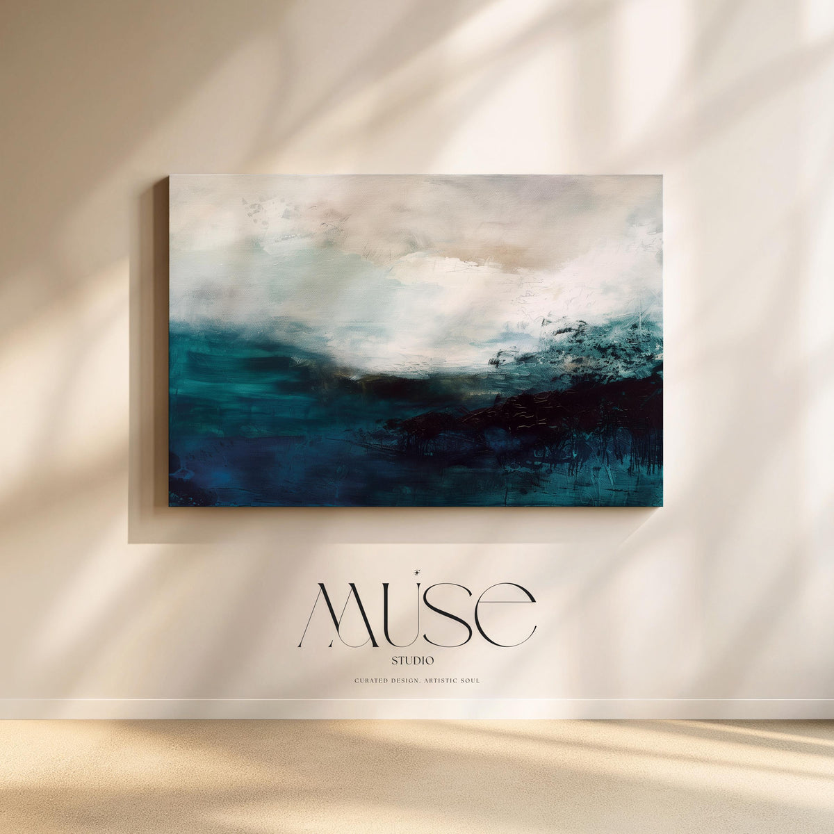 Abstract painting with wavy blue and white design on a beige wall, featuring the brand 'Muse Studio'.