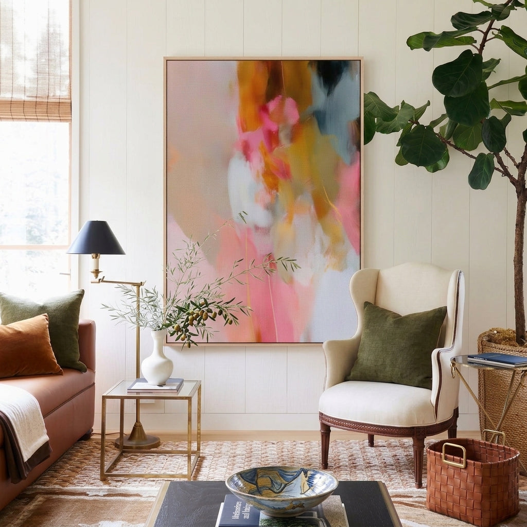 Petal Horizon No. 1028 abstract canvas print with soft beige and pink tones displayed in a California Casual coastal living room above an accent chair.