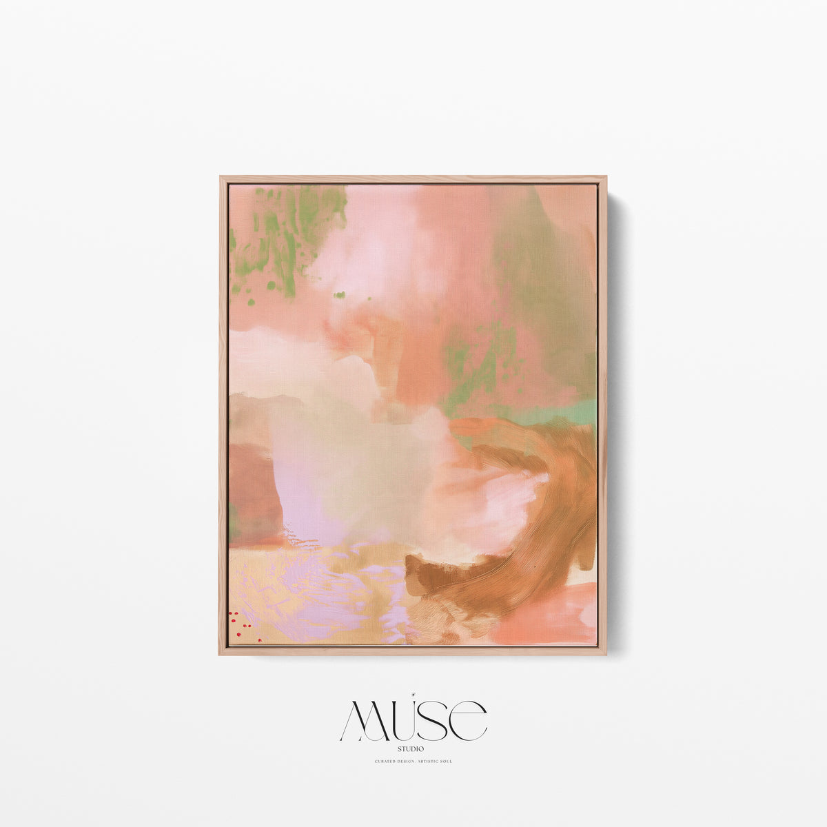 Centered front-facing profile of a vertical abstract canvas artwork encased in a slim natural wood float frame against a clean white background.