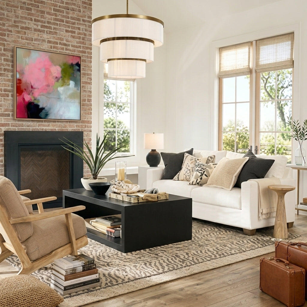 A stylish contemporary living room featuring a large framed pink, olive green, and black abstract canvas print titled Muse 585 by Muse Studio & Co. over a black brick fireplace. The room includes a white sofa with patterned pillows, a mid-century lounge chair, and a distinctive multi-tier drum chandelier.