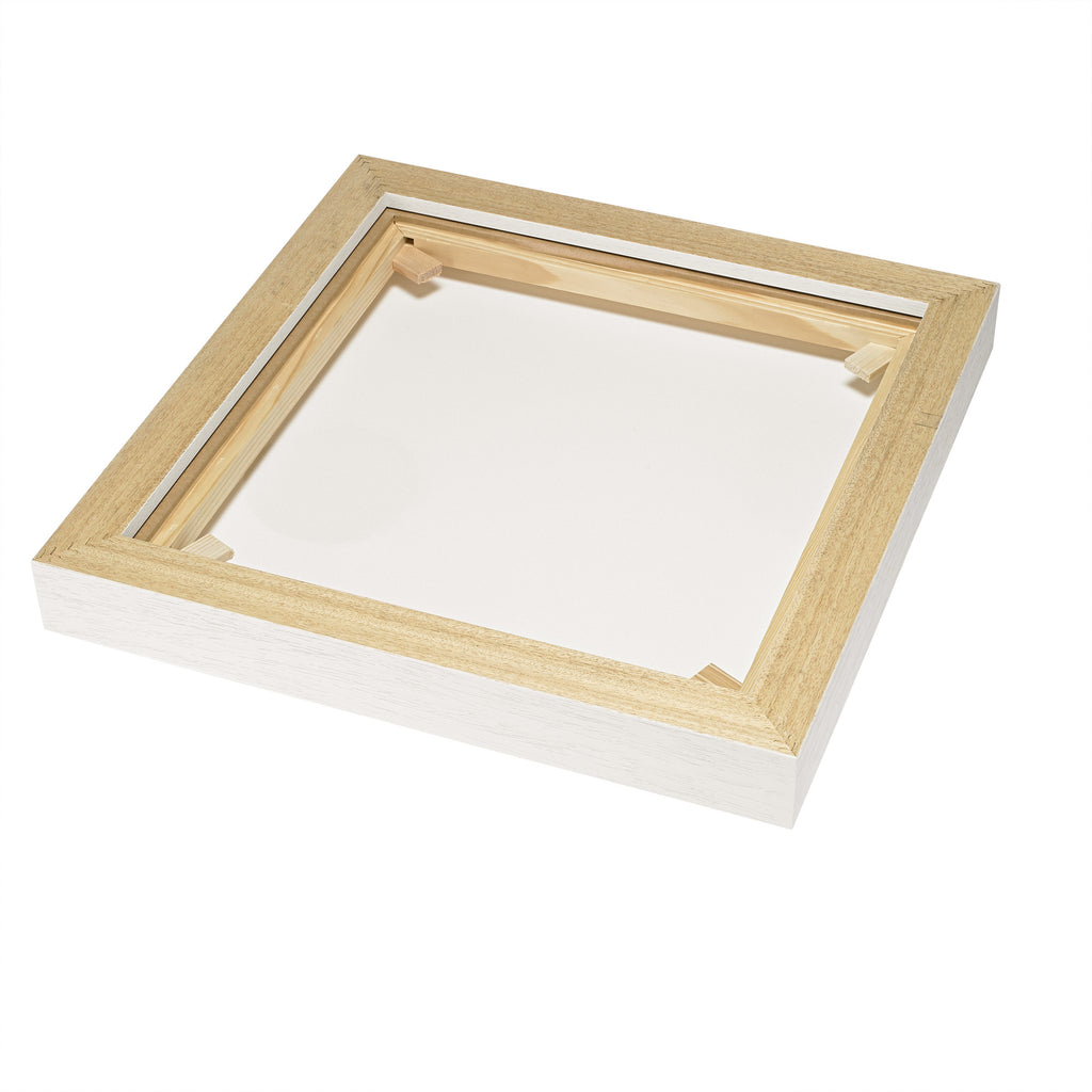 Rear construction view of a custom gallery-wrapped canvas in a solid wood float frame, highlighting the sturdy frame build, 2.1 in depth from wall, and professional assembly