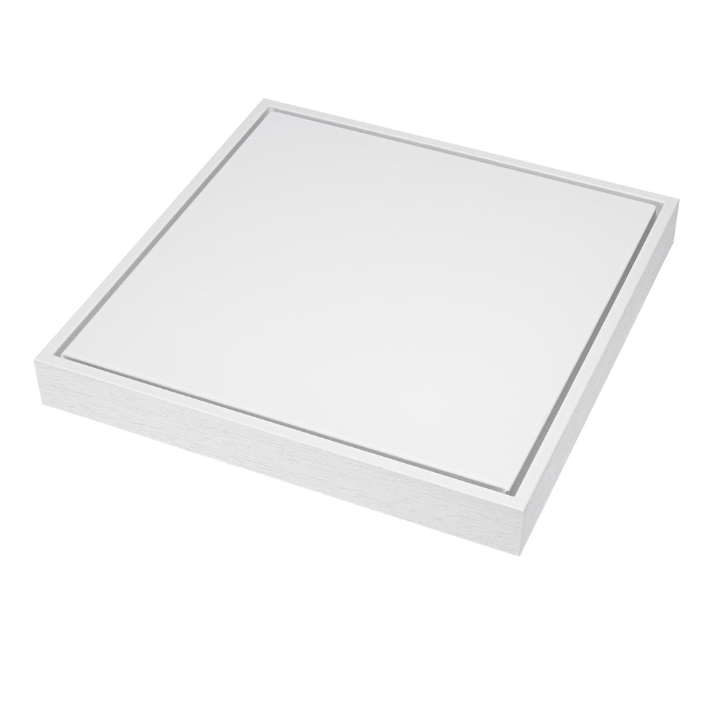 Detailed angled view of a custom gallery-wrapped canvas set inside a solid wood white float frame, showcasing the clean 0.5 in face width and 0.2 in shadow gap on soft matte cotton canvas