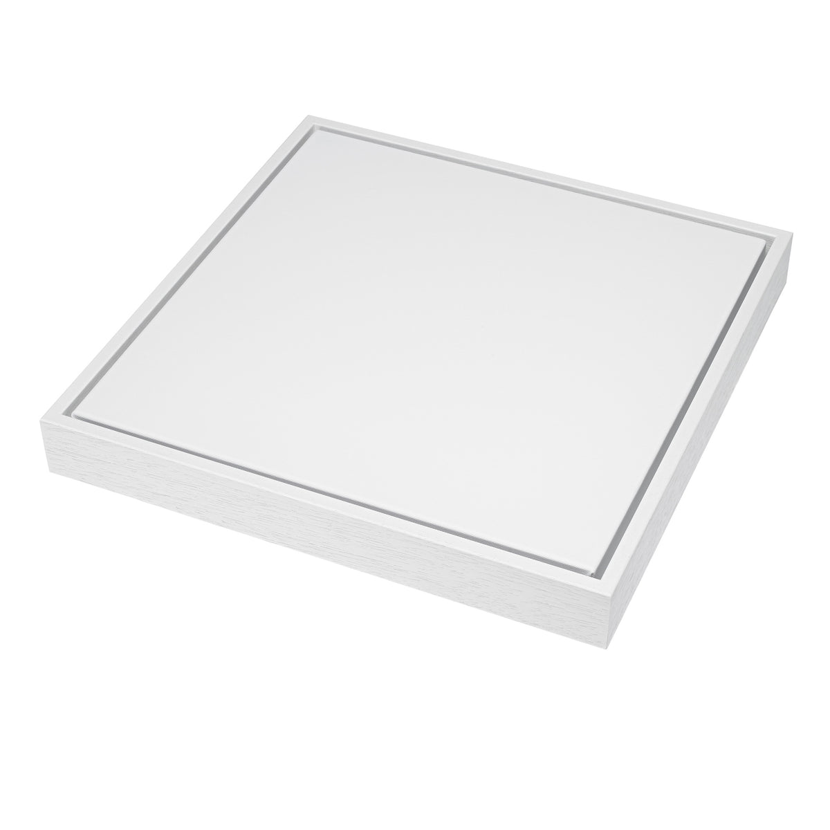 Detailed angled view of a custom gallery-wrapped canvas set inside a solid wood white float frame, showcasing the clean 0.5 in face width and 0.2 in shadow gap on soft matte cotton canvas