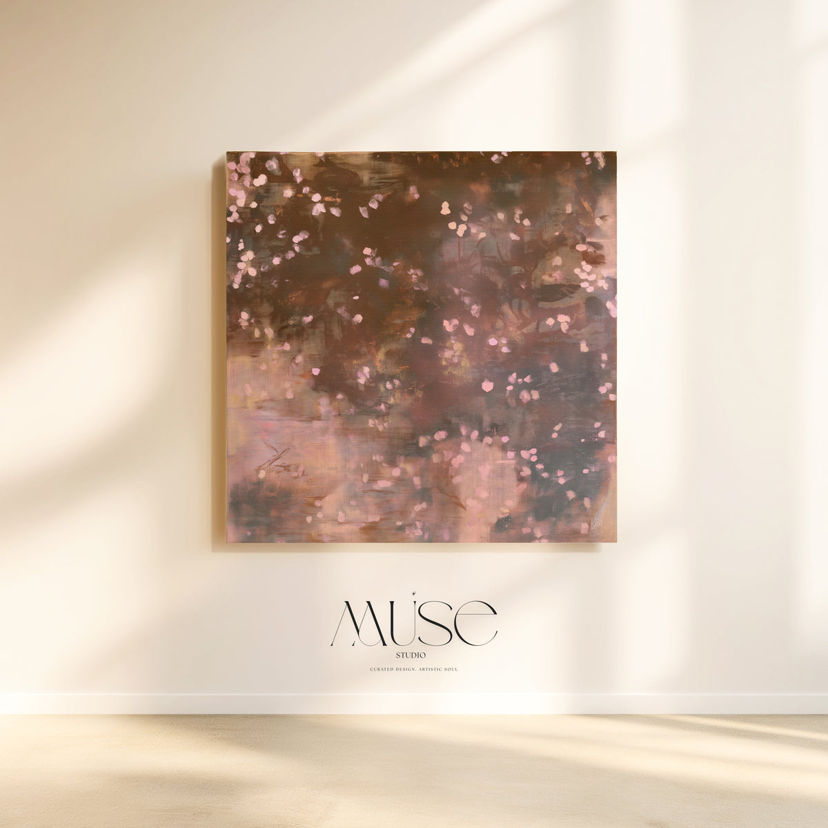 Square canvas wall art, earthy brown moody botanical print Oaken Petal No. 1124 displayed on a warm neutral wall, featuring impressionist brushstrokes and drifting petals.