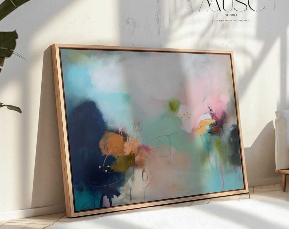 Muted Modern Framed Wall Art Square Abstract Canvas Giclée Print in Teal Pink Cream Soft Minimalist Decor for Bedroom or Office