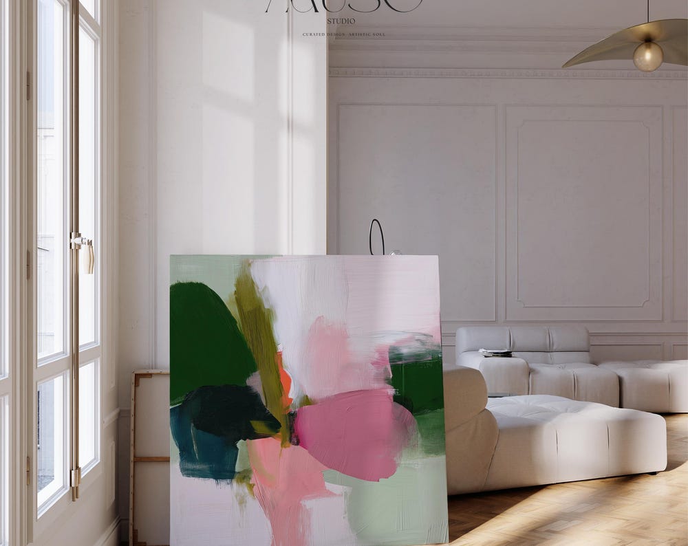 Bold Abstract Wall Art Olive Green Blush Rose Pink Canvas Print Square Framed Colorful Art for Living Room Decor or Office