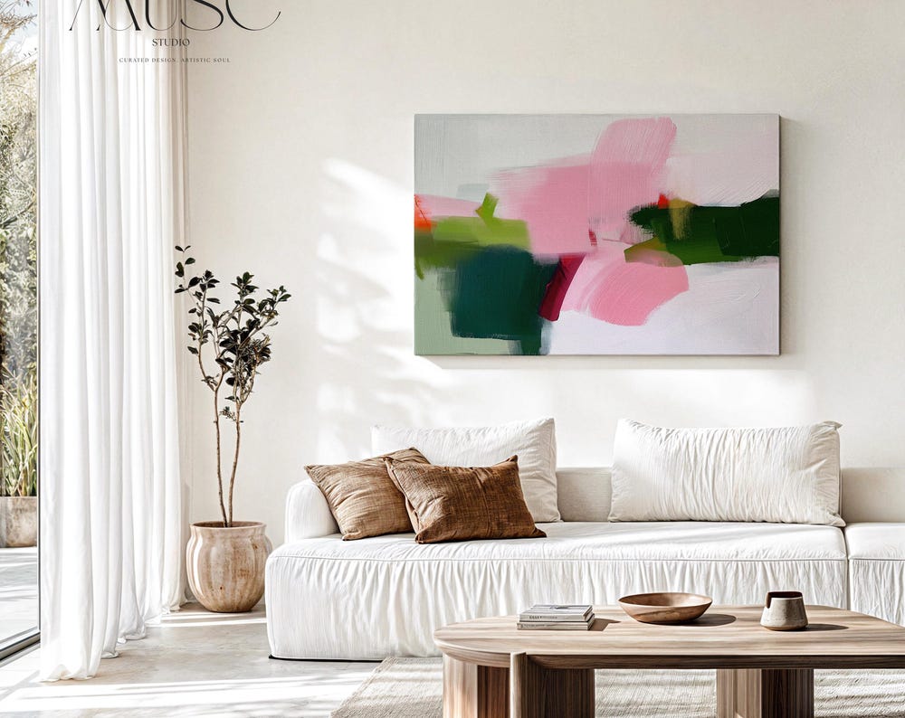 Abstract Canvas Wall Art in Olive Green Blush Pink White Modern Minimalist Painting for Contemporary Home Decor & Curated Interiors
