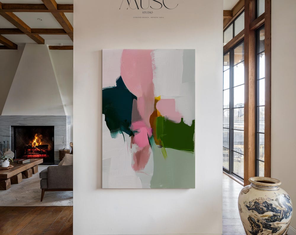 Vertical Canvas Wall Art Modern Abstract Giclée Print in Deep Green and Rose Pink Warm Minimalist Home Decor for bedroom office entry