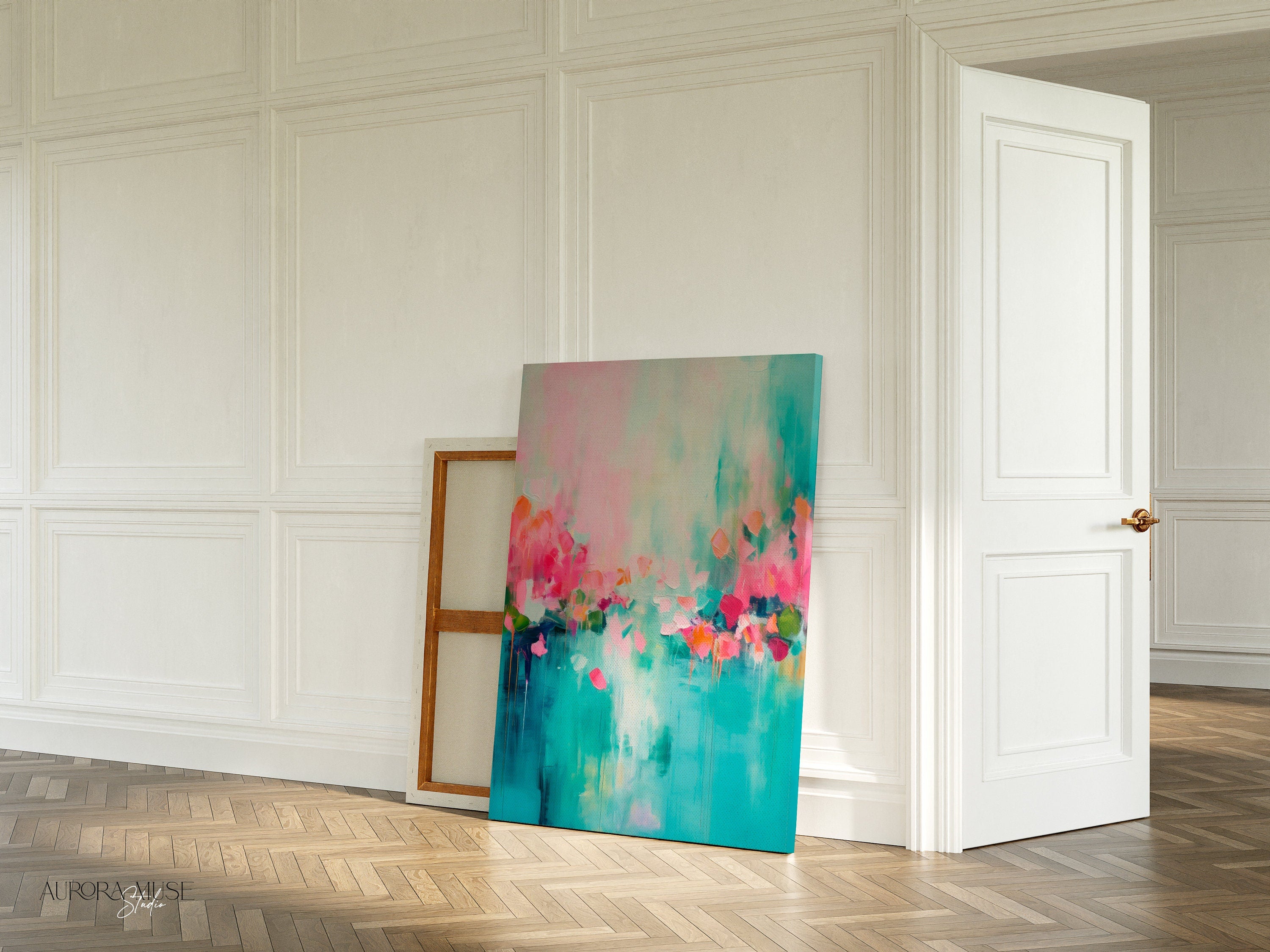 Framed Wall Art | Abstract Painting | Colorful Giclee Canvas Print | Modern Living Room Decor | Large Statement Artwork | Teal & Pink | 206