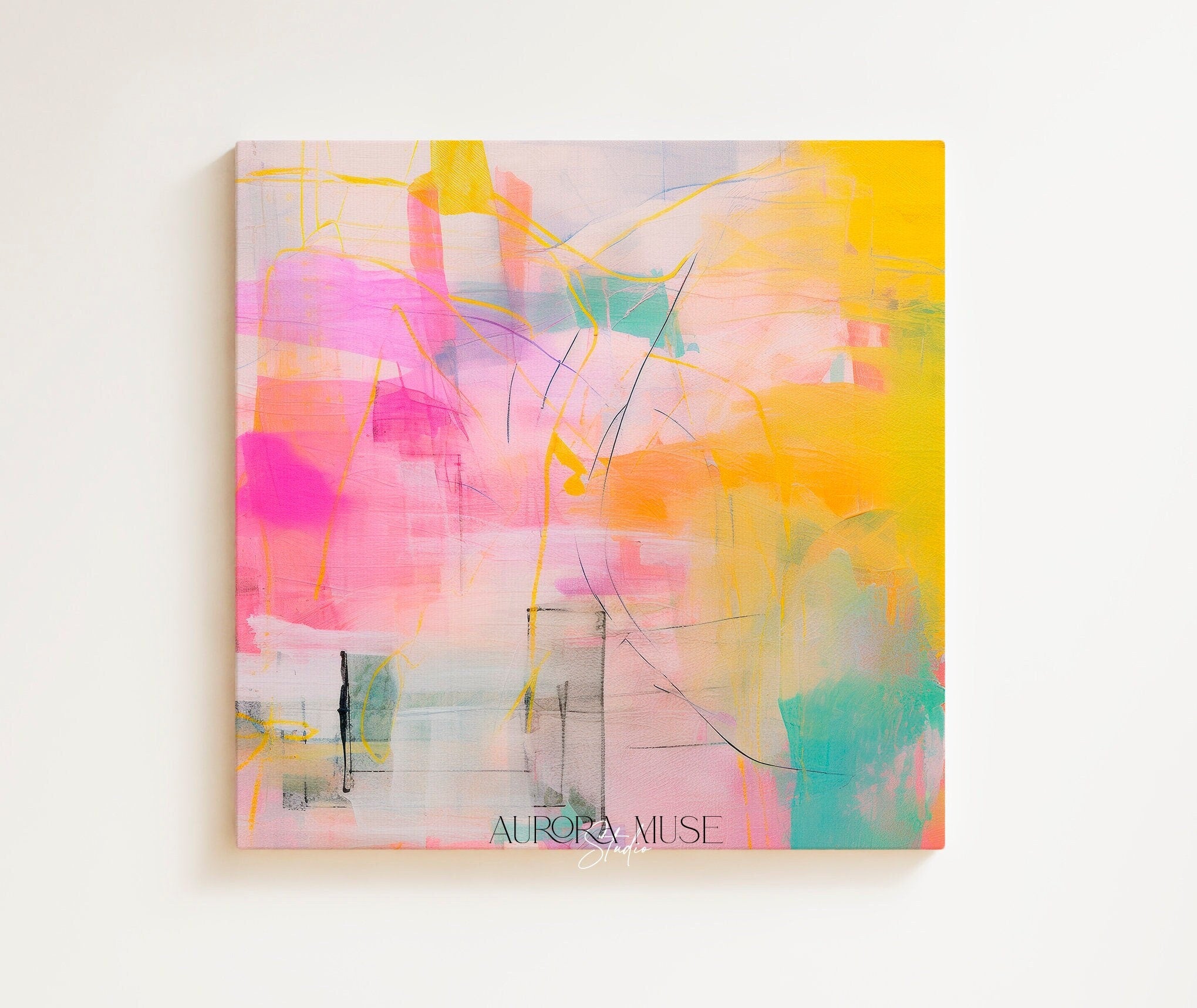 Pink and teal abstract canvas wall art by Muse Studio featuring bright blush, aqua, teal, and cream tones with joyful painterly movement. Premium gallery-wrapped cotton canvas printed with museum-grade giclée inks, styled for a kids room, nursery, playroom, bedroom, or colorful modern home decor