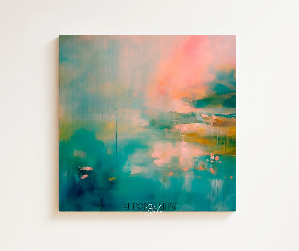 Abstract art, Teal green large wall art, Abstract painting print, Pink Green abstract landscape | Aurora Muse 055