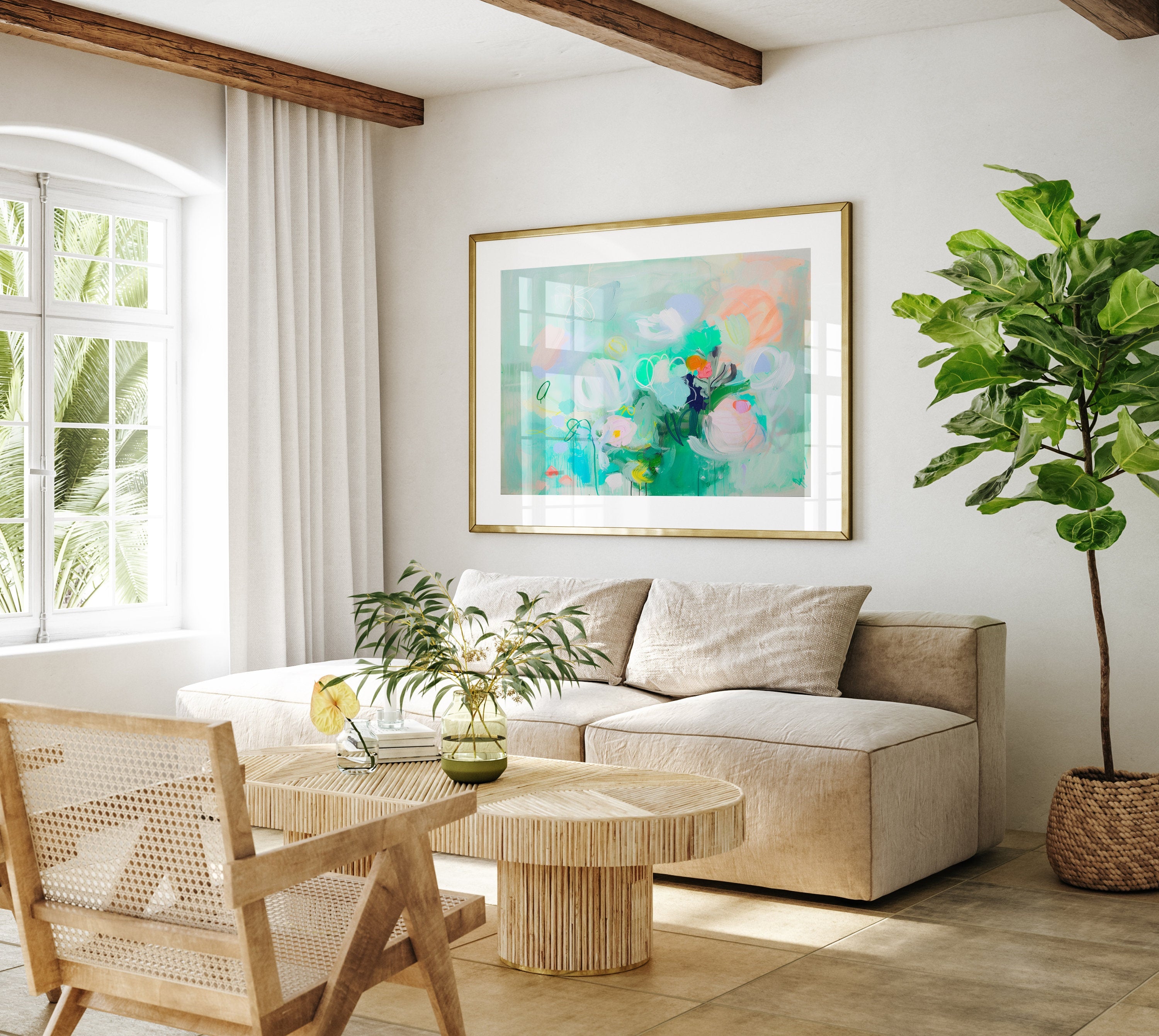 Wall Art Botanical Teal & Green Modern Design, Large Abstract Painting Canvas Wall Art, Colorful Nursery Boho Decor | 374 wall art prints, living room decor, abstract painting, abstract art, modern wall art, modern art, living room art, abstract wall art, canvas wall art, wall art, abstract print, colorful wall art