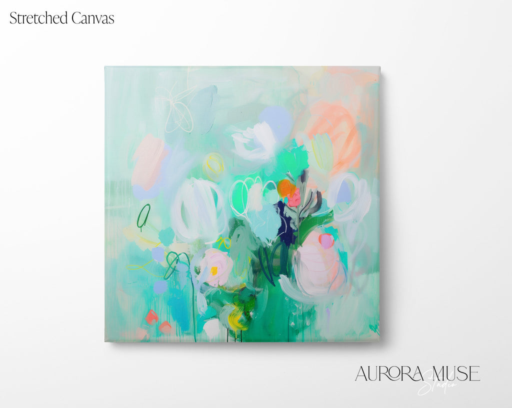 Wall Art Botanical Teal & Green Modern Design, Large Abstract Painting Canvas Wall Art, Colorful Nursery Boho Decor | 374