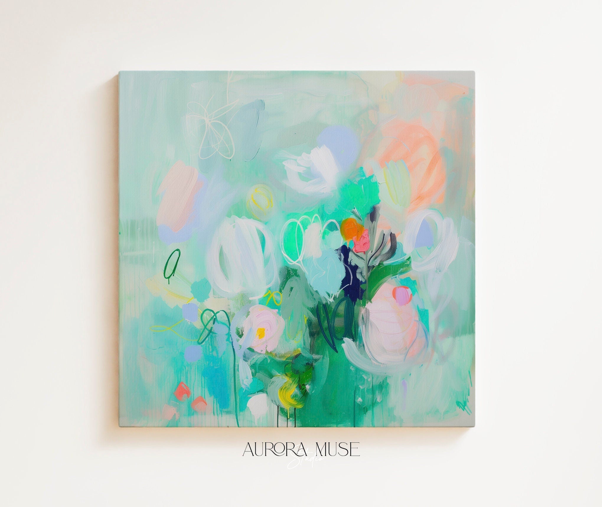 Wall Art Botanical Teal & Green Modern Design, Large Abstract Painting Canvas Wall Art, Colorful Nursery Boho Decor | 374 wall art prints, living room decor, abstract painting, abstract art, modern wall art, modern art, living room art, abstract wall art, canvas wall art, wall art, abstract print, colorful wall art