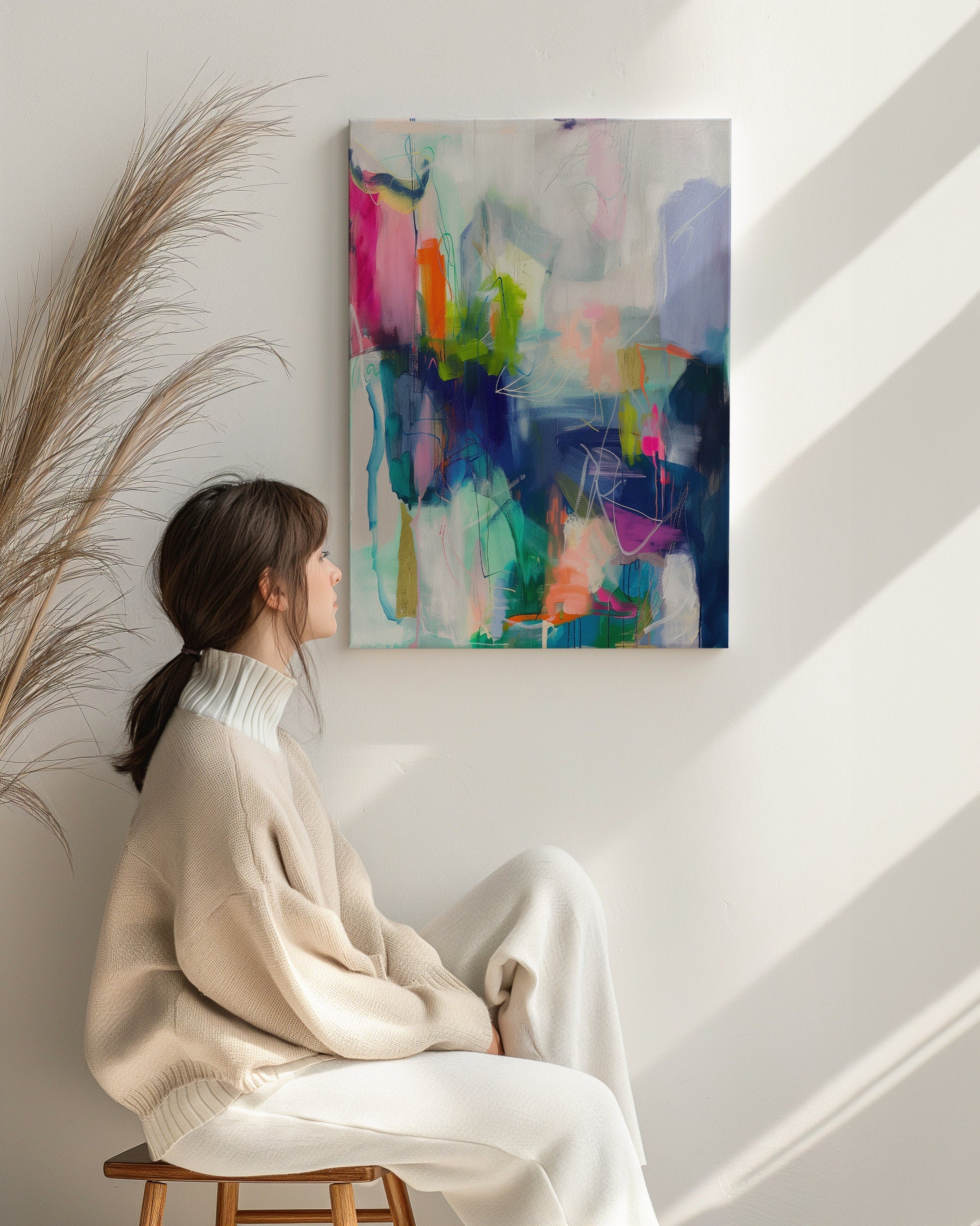 Indigo Blue + Pink Colorful Modern Wall Art, Abstract Painting Art Prints, Multicolor Original Art, Large Canvas Boho Art | Aurora Muse 247