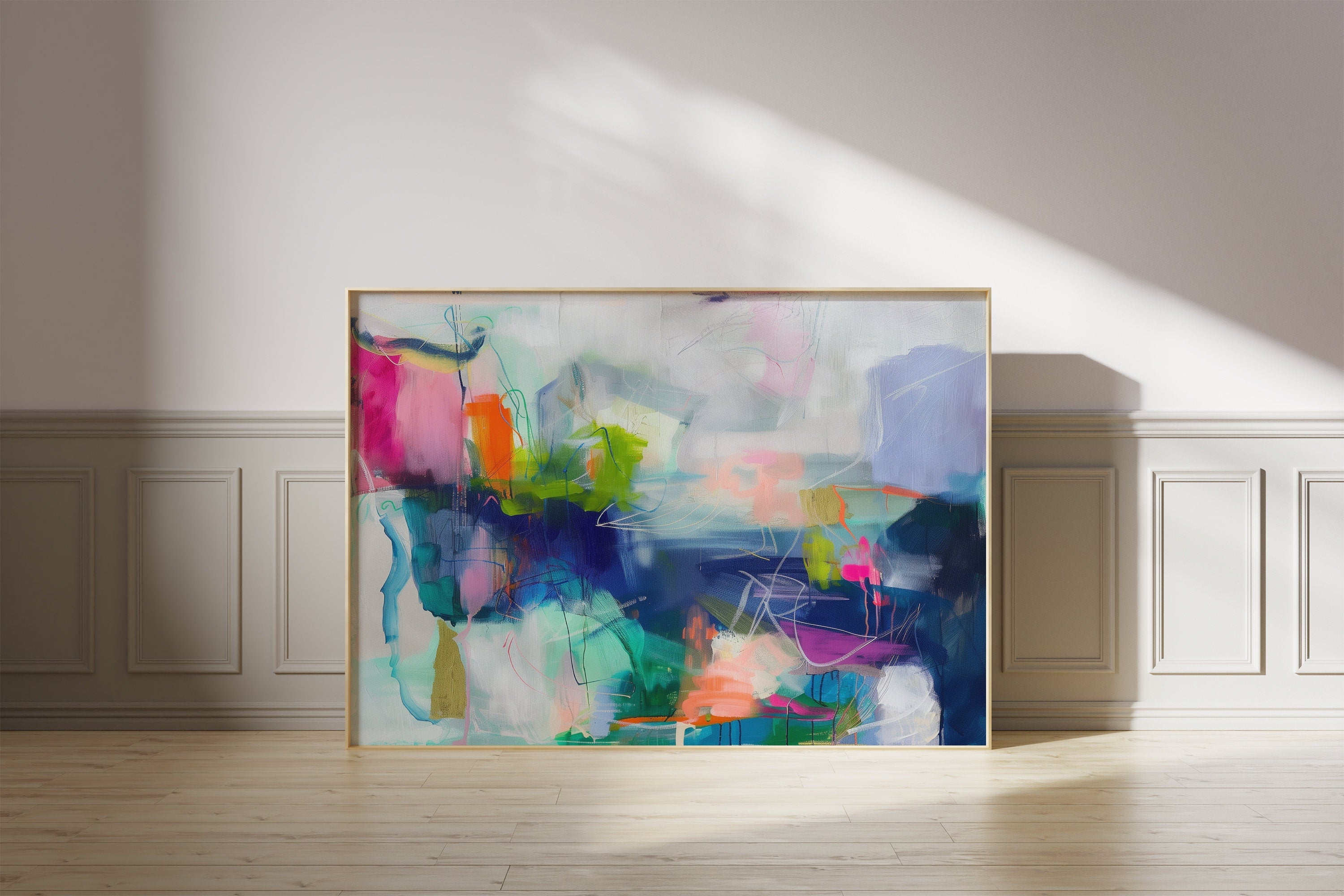 Indigo Blue + Pink Colorful Modern Wall Art, Abstract Painting Art Prints, Multicolor Original Art, Large Canvas Boho Art | Aurora Muse 247