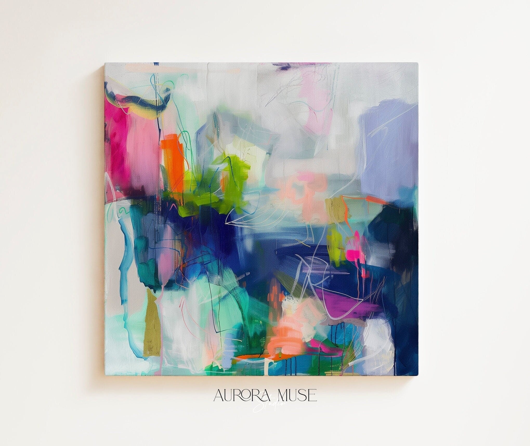 Indigo Blue + Pink Colorful Modern Wall Art, Abstract Painting Art Prints, Multicolor Original Art, Large Canvas Boho Art | Aurora Muse 247