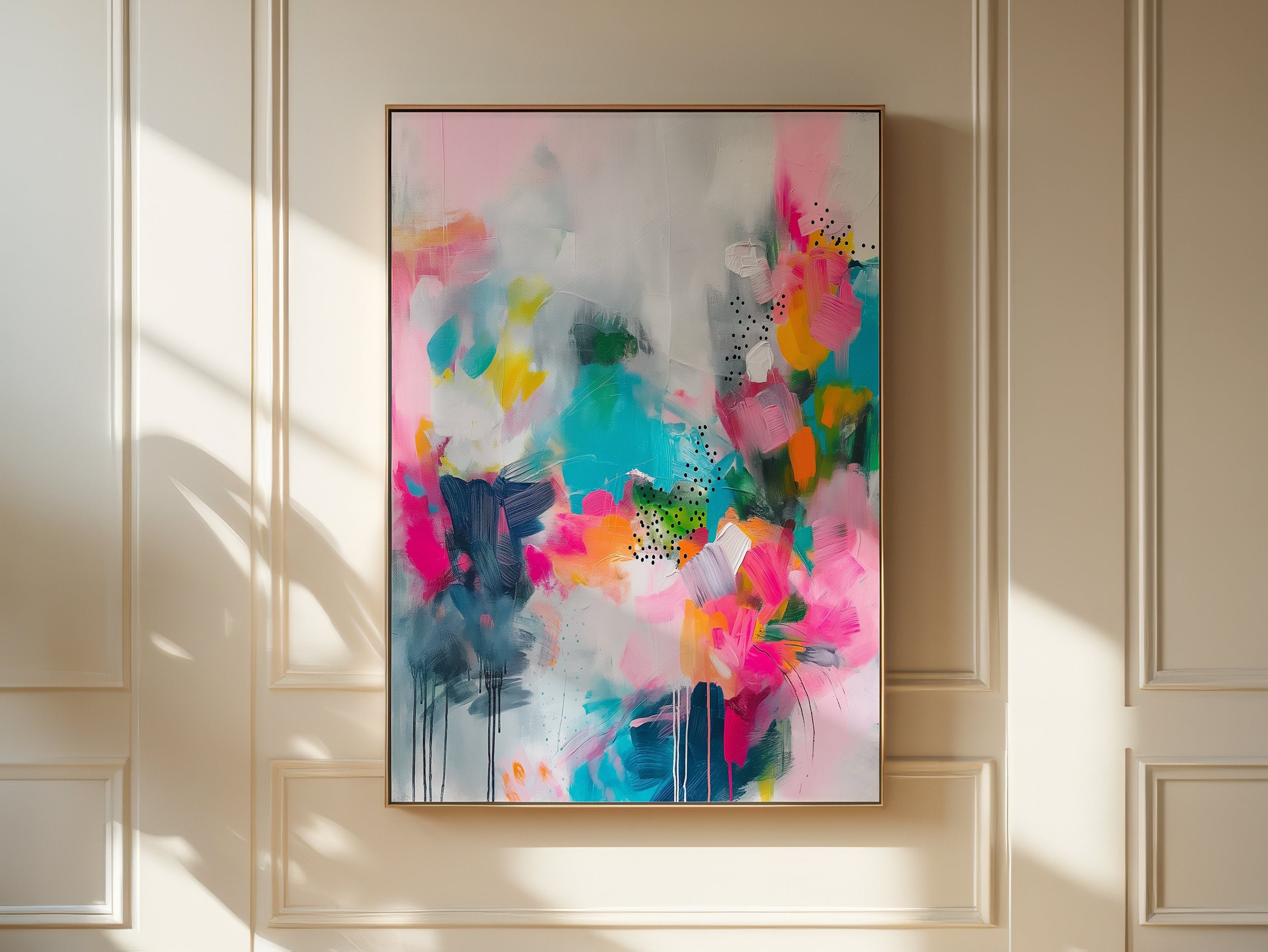 Colorful abstract art print on framed canvas, perfect for vibrant wall decor, modern home design, office decor, and staging projects. Large statement art featuring bold brushstrokes and colorful texture. Ready-to-hang giclée canvas adds energy to any living space.