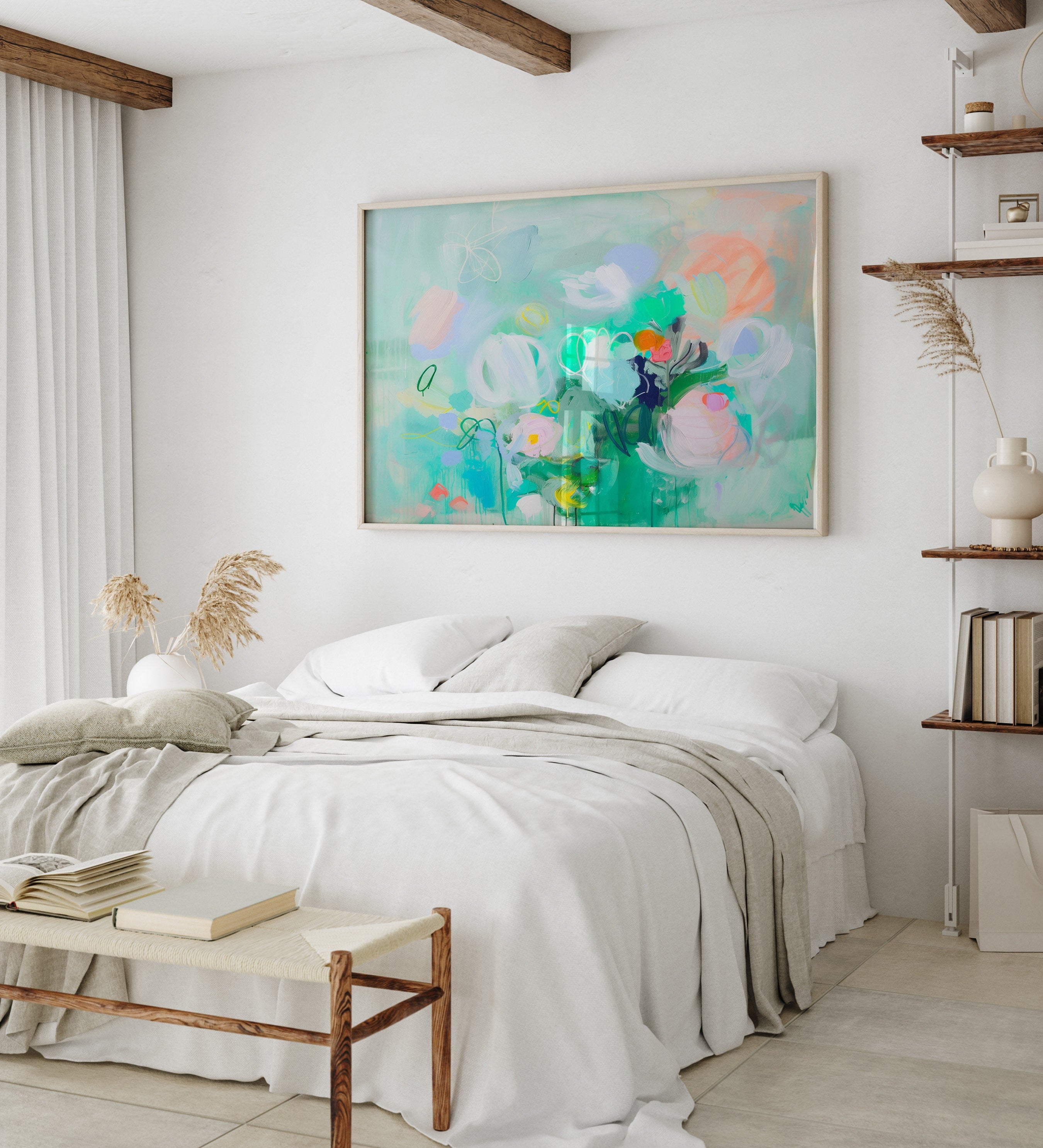 Wall Art Botanical Teal & Green Modern Design, Large Abstract Painting Canvas Wall Art, Colorful Nursery Boho Decor | 374 wall art prints, living room decor, abstract painting, abstract art, modern wall art, modern art, living room art, abstract wall art, canvas wall art, wall art, abstract print, colorful wall art