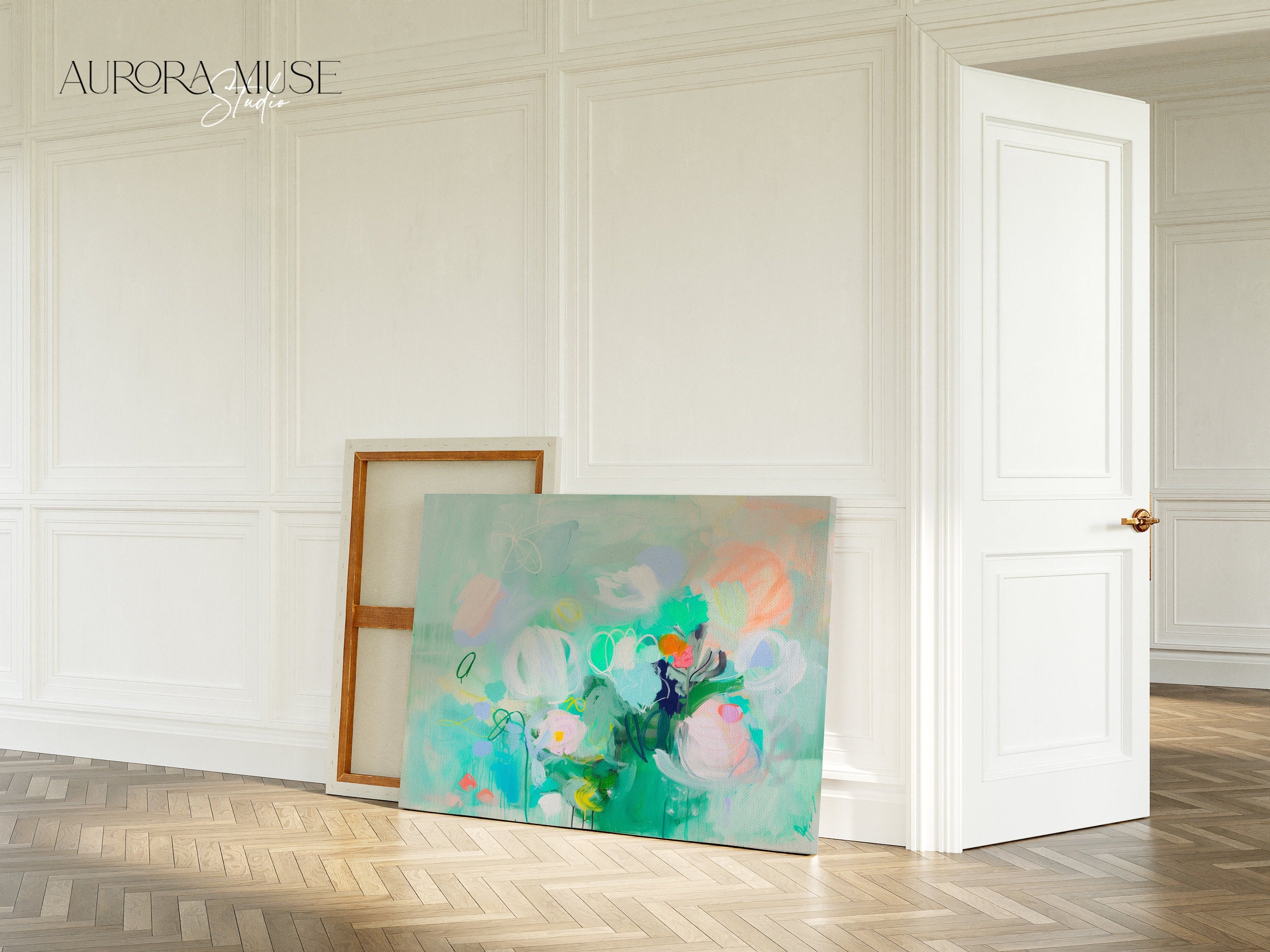 Muse Studio large floral canvas wall art in teal tones, museum-grade giclée inks on premium gallery-wrapped artist canvas, styled for a Soft Contemporary nursery, bedroom, or living room interior.