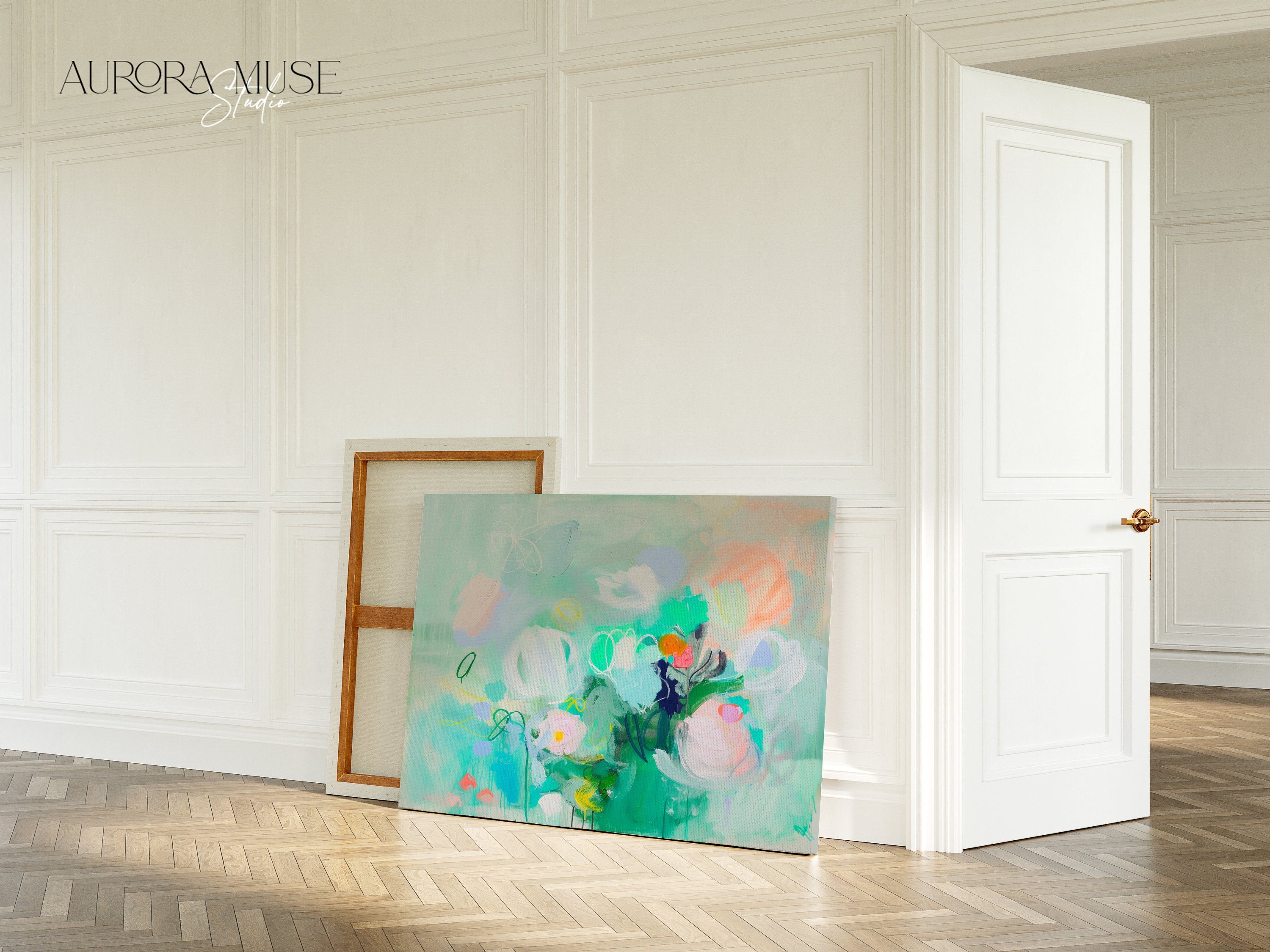 Muse Studio large floral canvas wall art in teal tones, museum-grade giclée inks on premium gallery-wrapped artist canvas, styled for a Soft Contemporary nursery, bedroom, or living room interior.