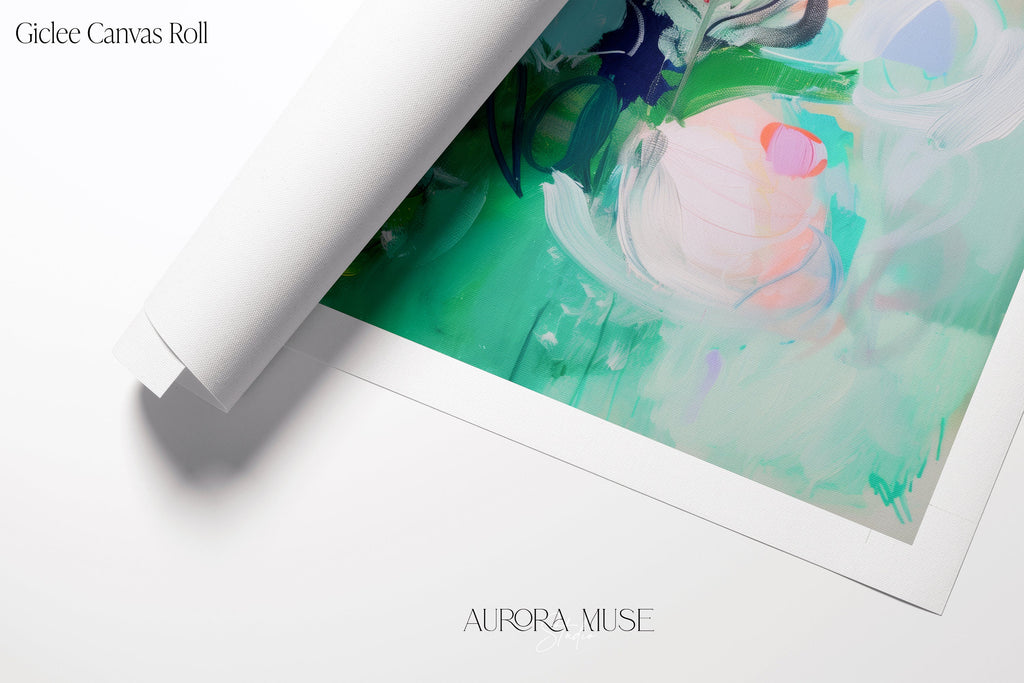 Colorful Modern Art, Teal & Green Contemporary Design, Large Abstract Original Canvas Wall Art, Bright, Unique Retro Trendy Art Prints