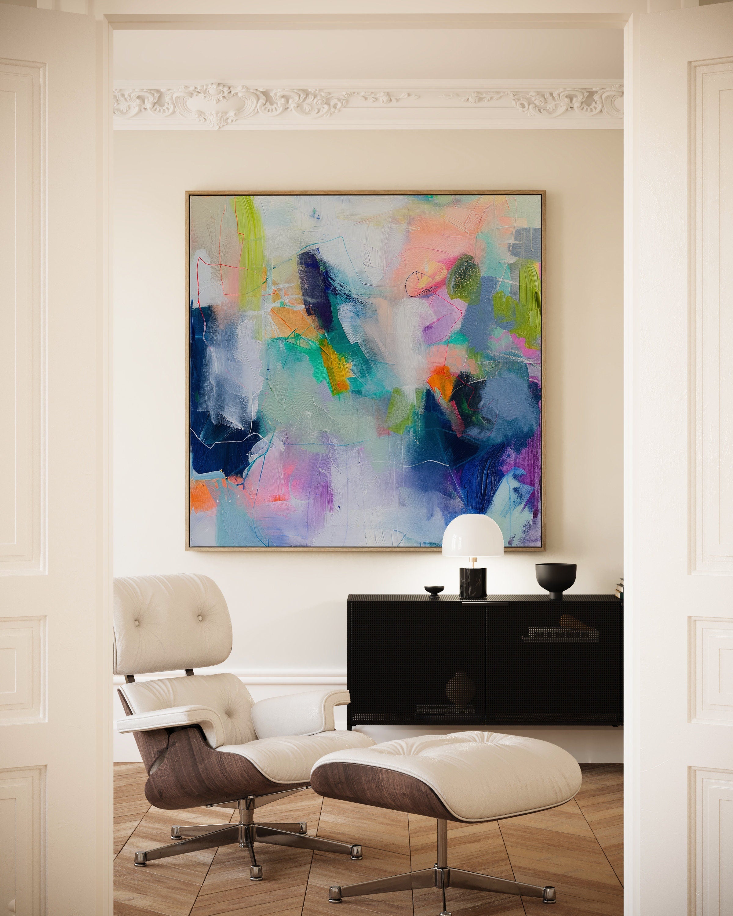 Soft Abstract Wall Art Modern Colorful Painting in Blue Lavender and Green Large Canvas Art for Bedroom Living Room or Office Decor 249 Large colorful abstract art print on stretched canvas, gallery-wrapped and ready to hang. Perfect for vibrant wall decor in homes, modern offices, and staging projects. Giclée canvas print featuring bold brushstrokes, expressive color, and modern statement style.
