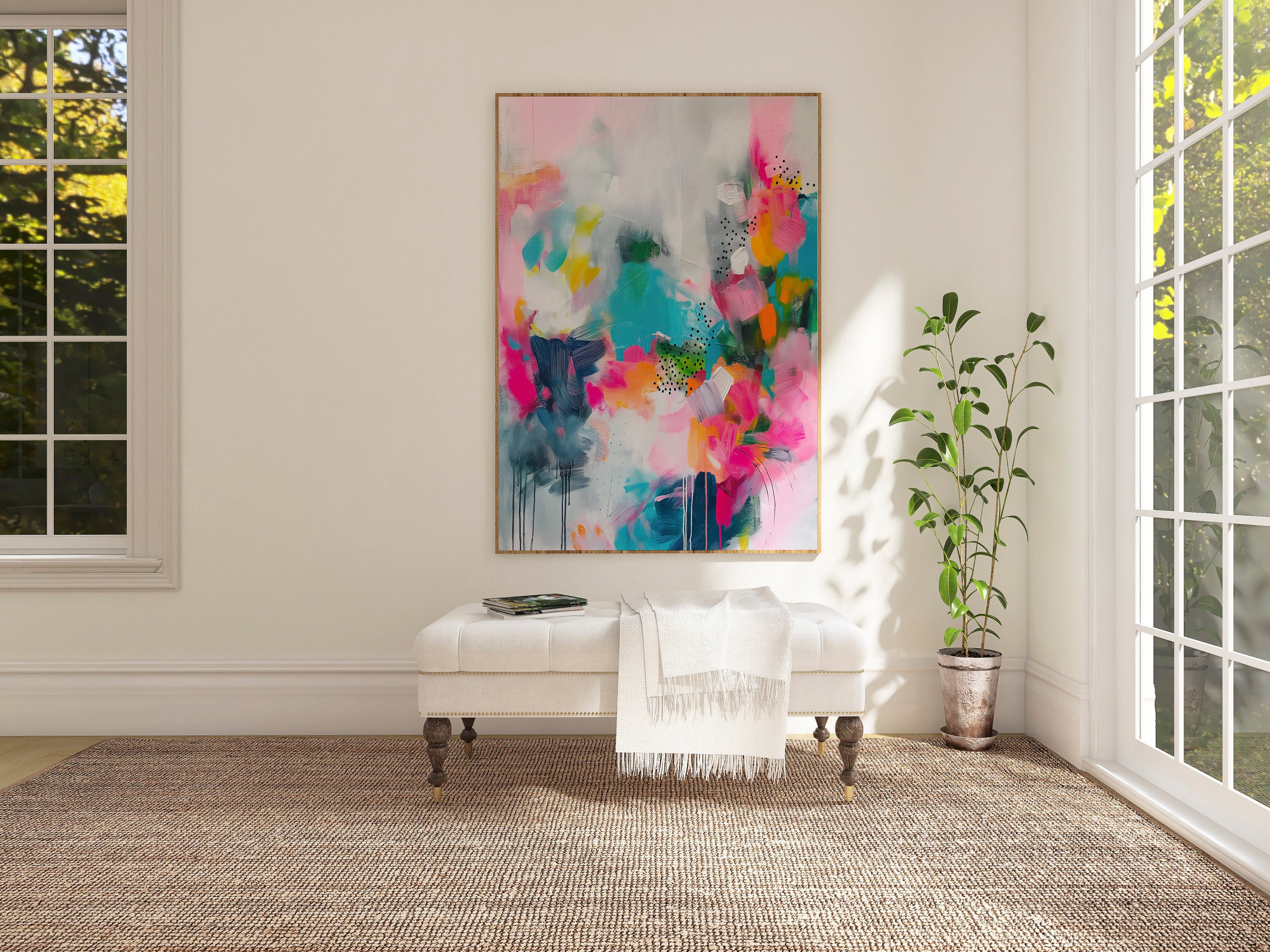 Colorful abstract wall art staged in modern neutral home decor. Large statement art print displayed in living room, bedroom, or office space. Vibrant canvas or giclée print adds bold style to contemporary interiors, perfect for home decor, office staging, and design projects