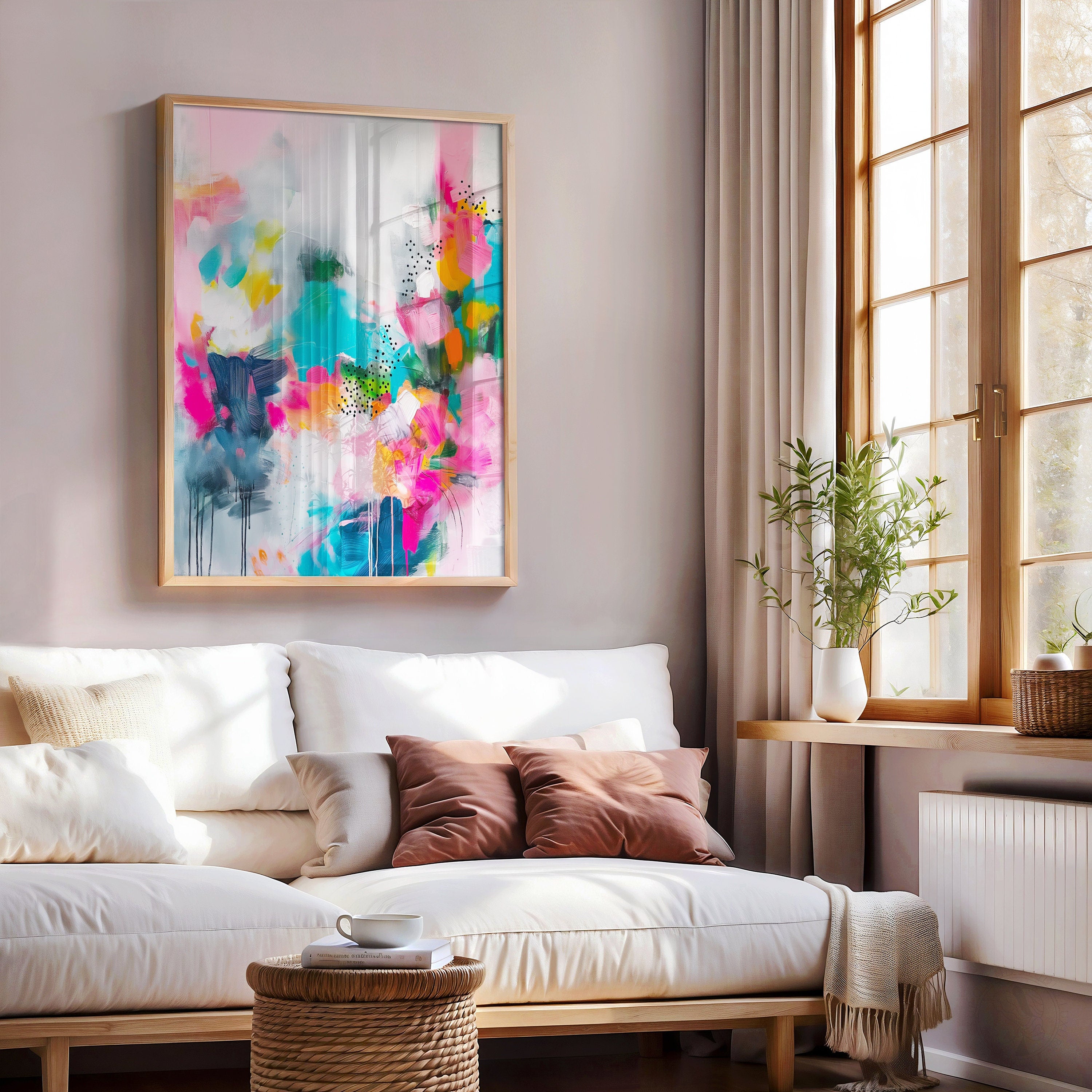 Colorful abstract wall art staged in modern neutral home decor. Large statement art print displayed in living room, bedroom, or office space. Vibrant canvas or giclée print adds bold style to contemporary interiors, perfect for home decor, office staging, and design projects