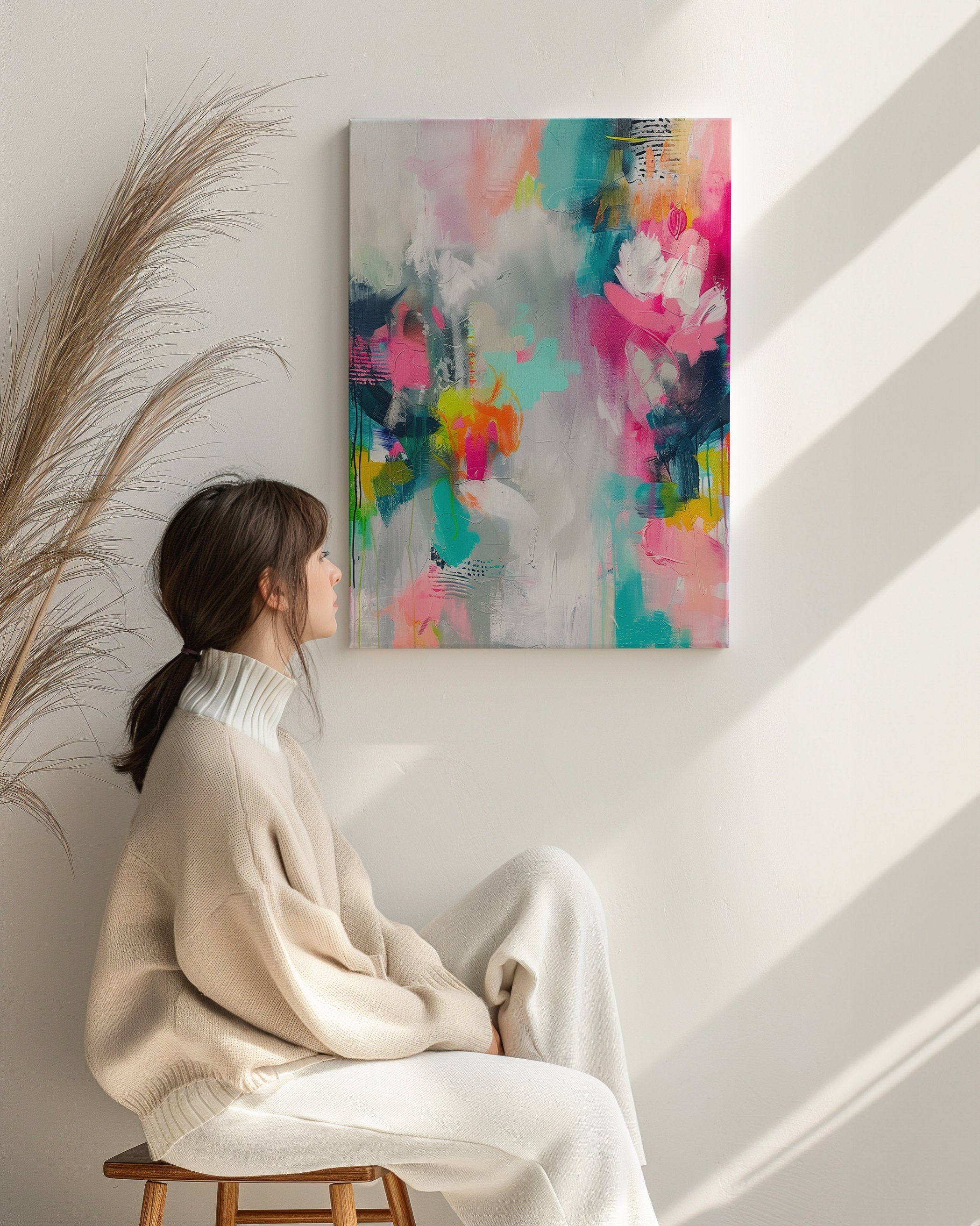 Pink + Teal Modern Abstract Canvas Prints - Large Framed Wall Art Decor - Retro, Preppy & Vibrant Designs | Aurora Muse 252