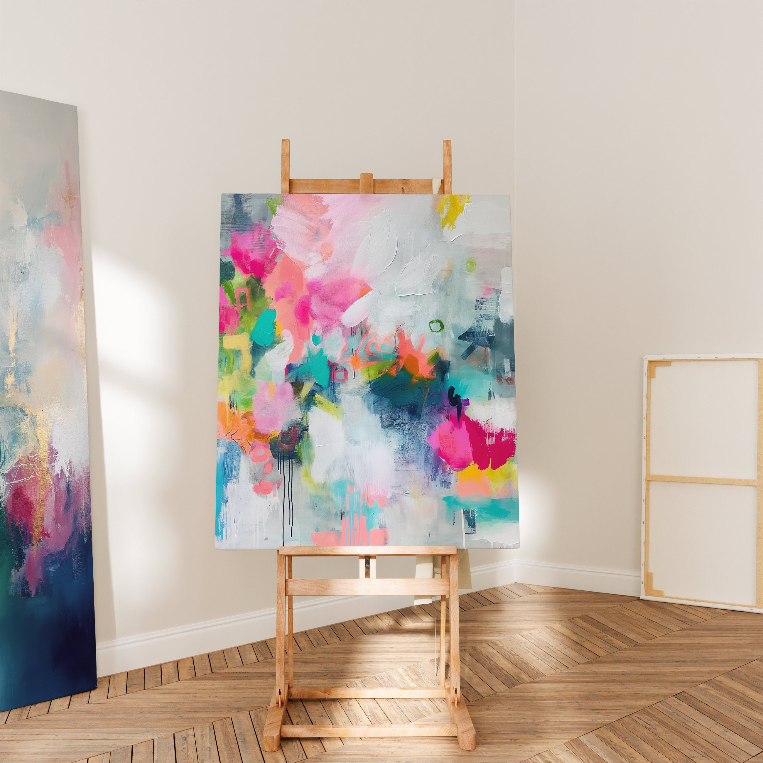 Vertical Pink and Teal Abstract Home Decor: Colorful Modern Wall Art, Large Framed Canvas Art Nursery & Kids Room | Aurora Muse 255