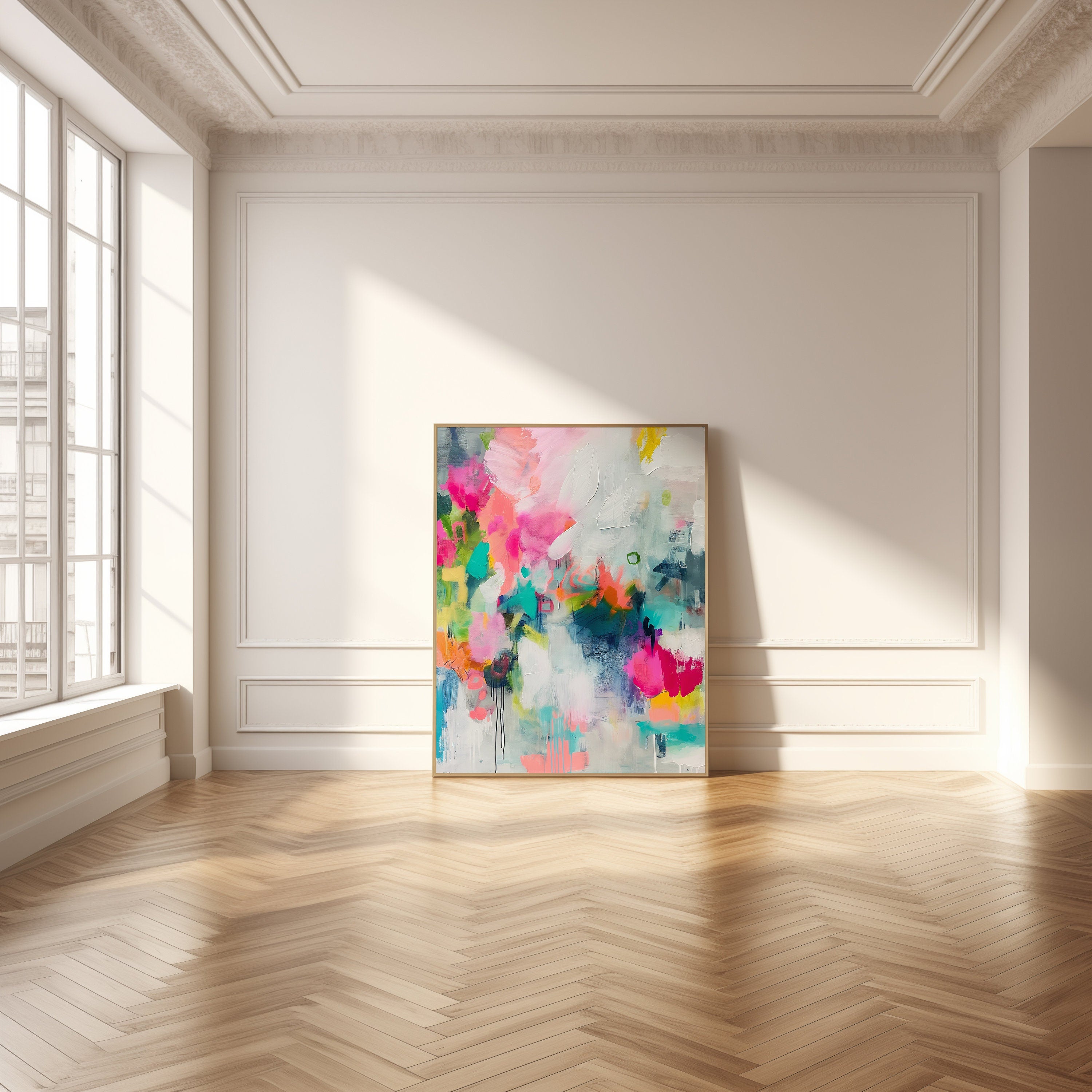 Vertical Pink and Teal Abstract Home Decor: Colorful Modern Wall Art, Large Framed Canvas Art Nursery & Kids Room | Aurora Muse 255
