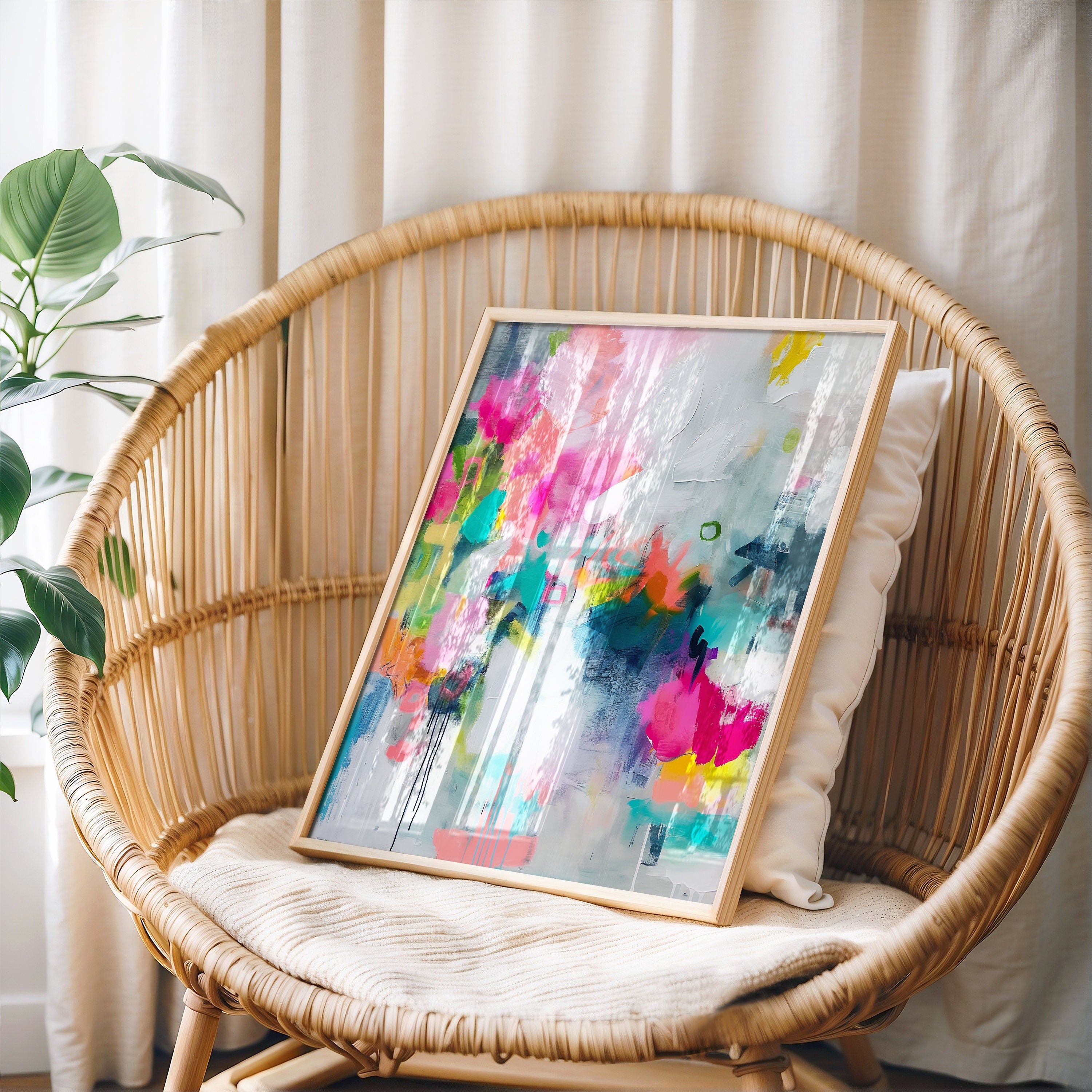 Vertical Pink and Teal Abstract Home Decor: Colorful Modern Wall Art, Large Framed Canvas Art Nursery & Kids Room | Aurora Muse 255