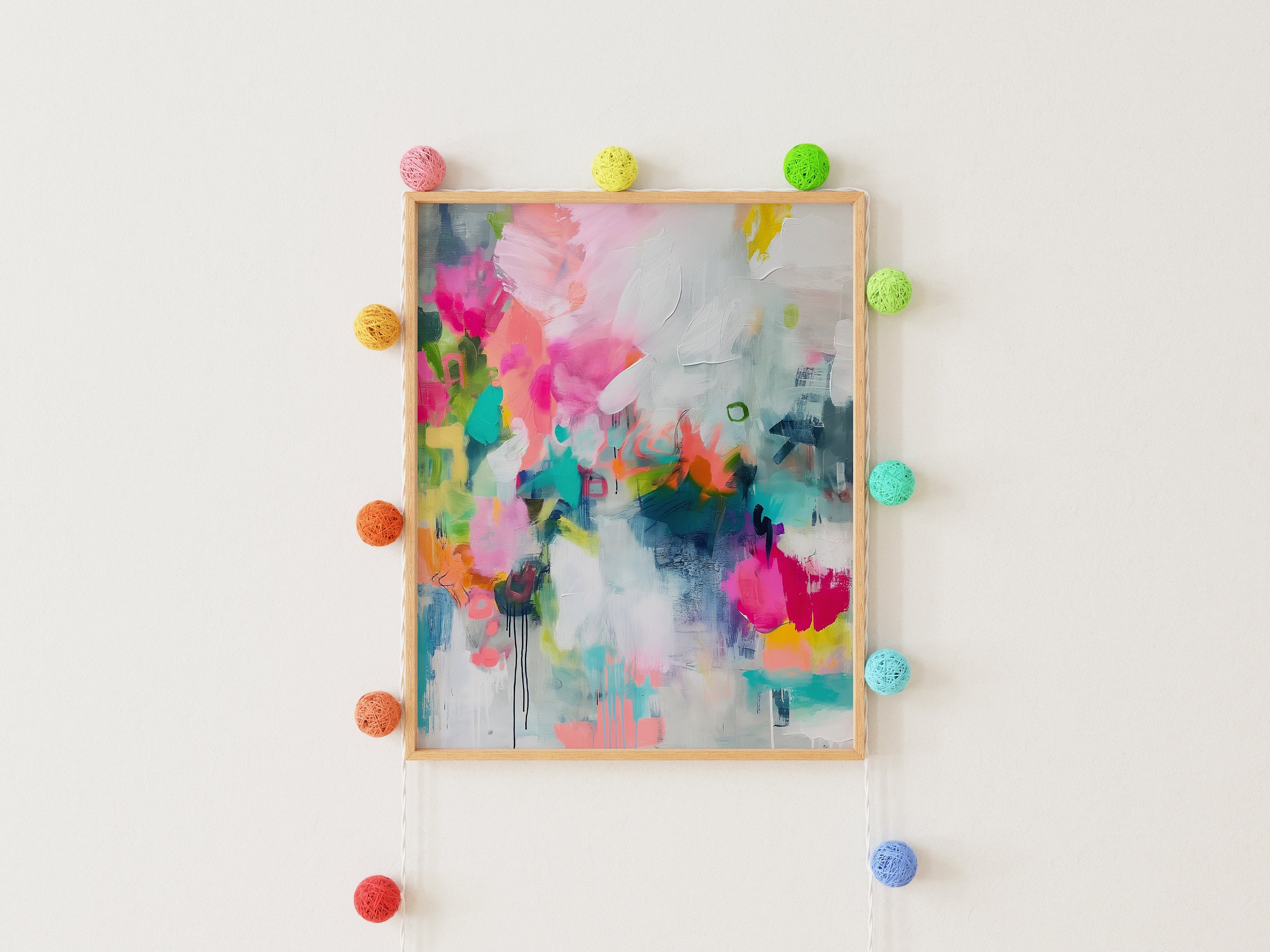 Vertical Pink and Teal Abstract Home Decor: Colorful Modern Wall Art, Large Framed Canvas Art Nursery & Kids Room | Aurora Muse 255