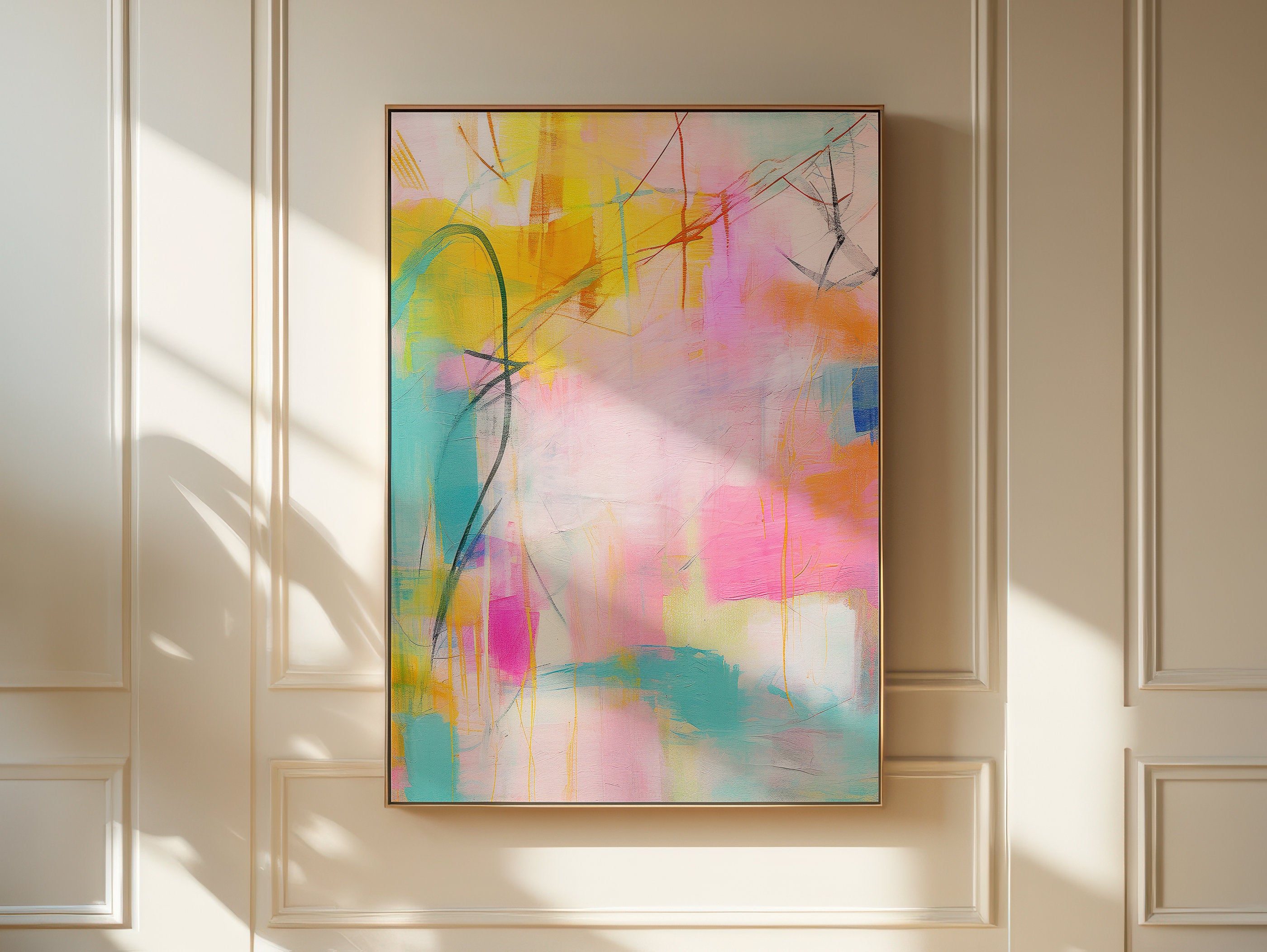 Large art print, colorful abstract painting, Large Abstract art print with teal pink and yellow, colorful home decor wall art gift | 003