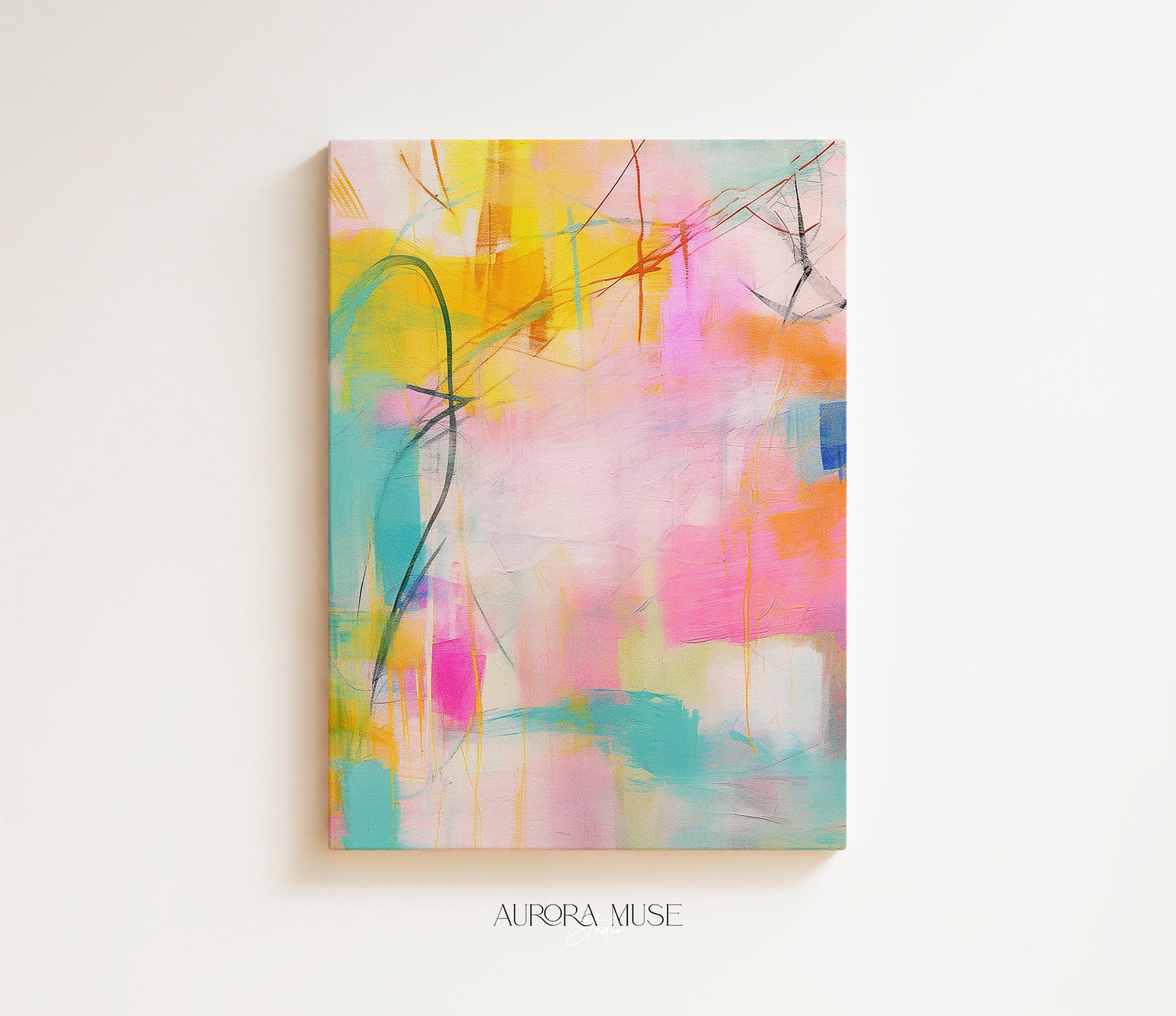 Large art print, colorful abstract painting, Large Abstract art print with teal pink and yellow, colorful home decor wall art gift | 003