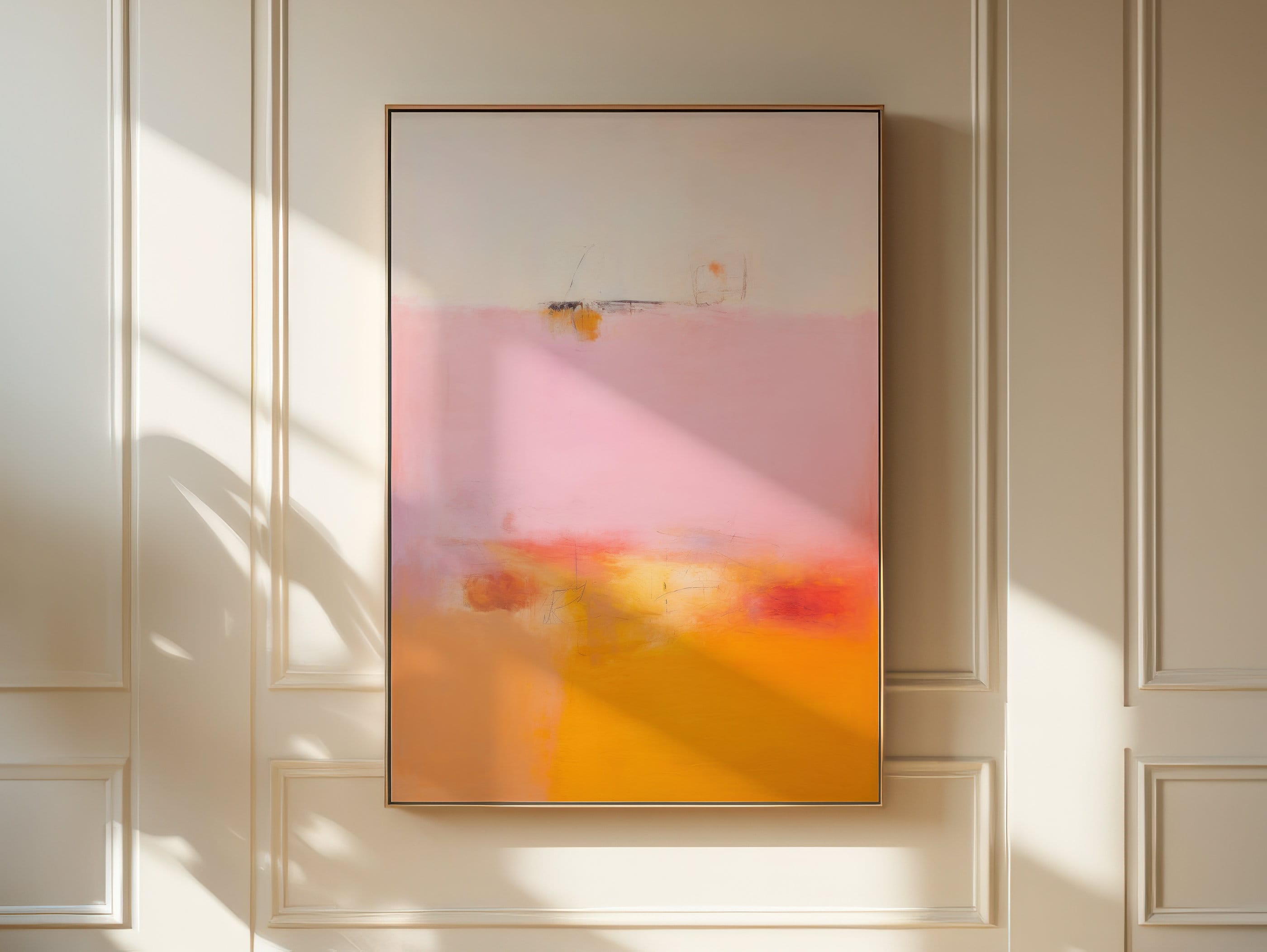 Muse Studio framed canvas wall art featuring pink, peach, and golden sienna abstract tones with soft tonal movement and airy texture, styled for transitional living rooms and soft contemporary bedrooms, printed with museum-grade giclée inks on premium gallery-wrapped artist canvas.