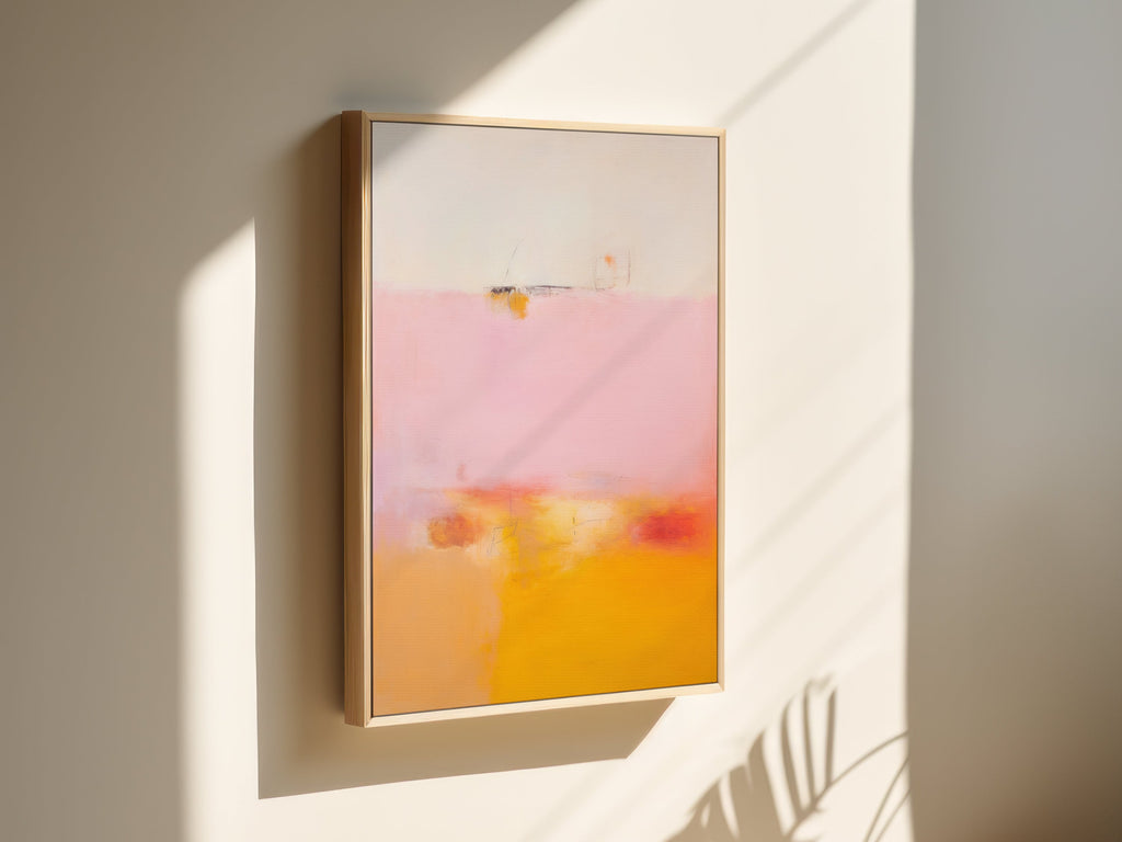 Muse Studio framed canvas wall art featuring pink, peach, and golden sienna abstract tones with soft tonal movement and airy texture, styled for transitional living rooms and soft contemporary bedrooms, printed with museum-grade giclée inks on premium gallery-wrapped artist canvas.