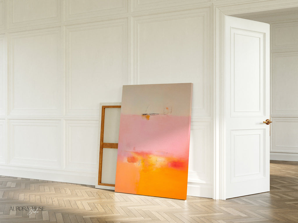 Vertical pink and golden abstract wall art in a soft contemporary style, perfect for modern bedrooms or transitional living spaces. Available as framed canvas or gallery print by Muse Studio.