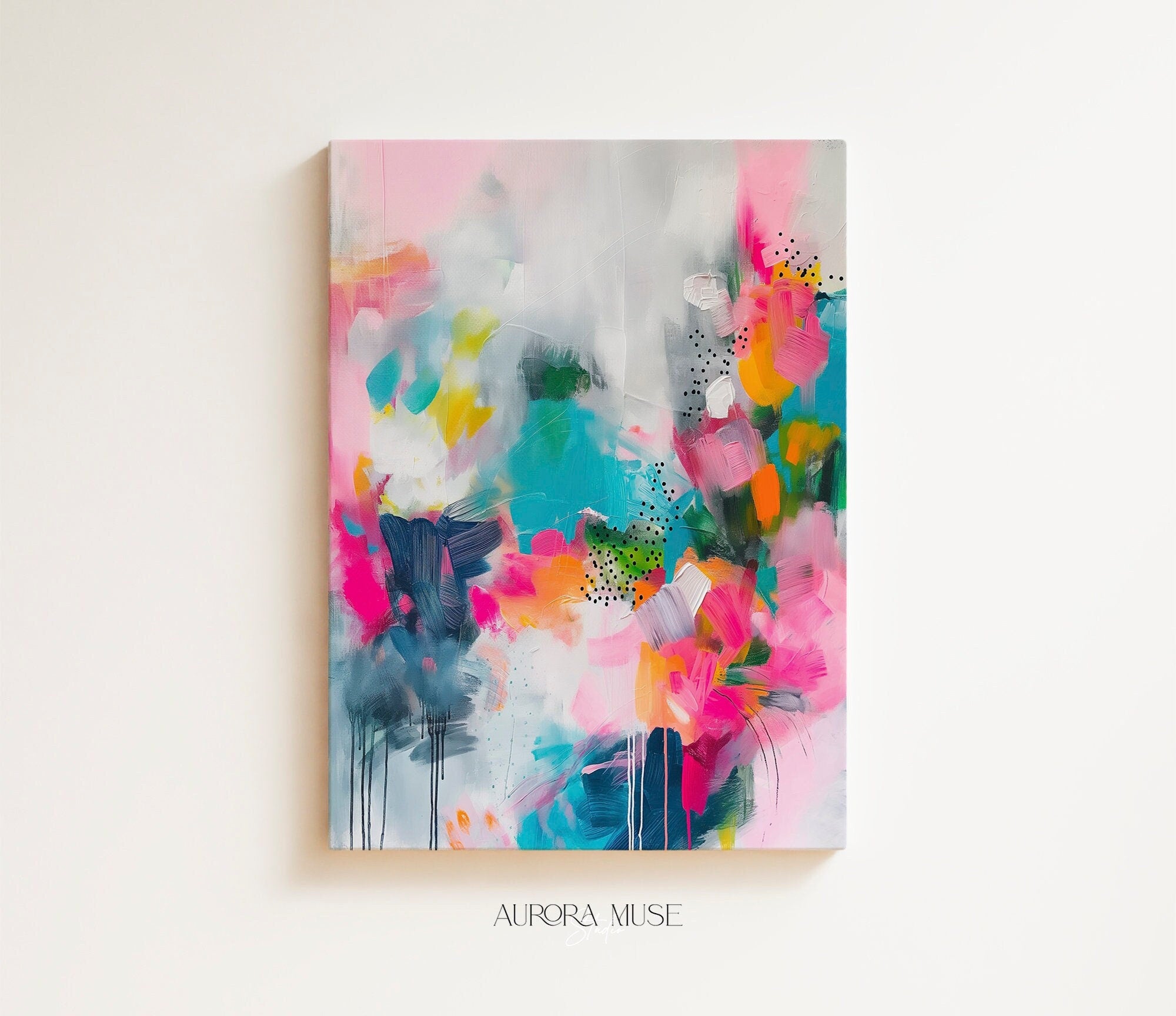 Large colorful abstract art print on stretched canvas, gallery-wrapped and ready to hang. Perfect for vibrant wall decor in homes, modern offices, and staging projects. Giclée canvas print featuring bold brushstrokes, expressive color, and modern statement style.