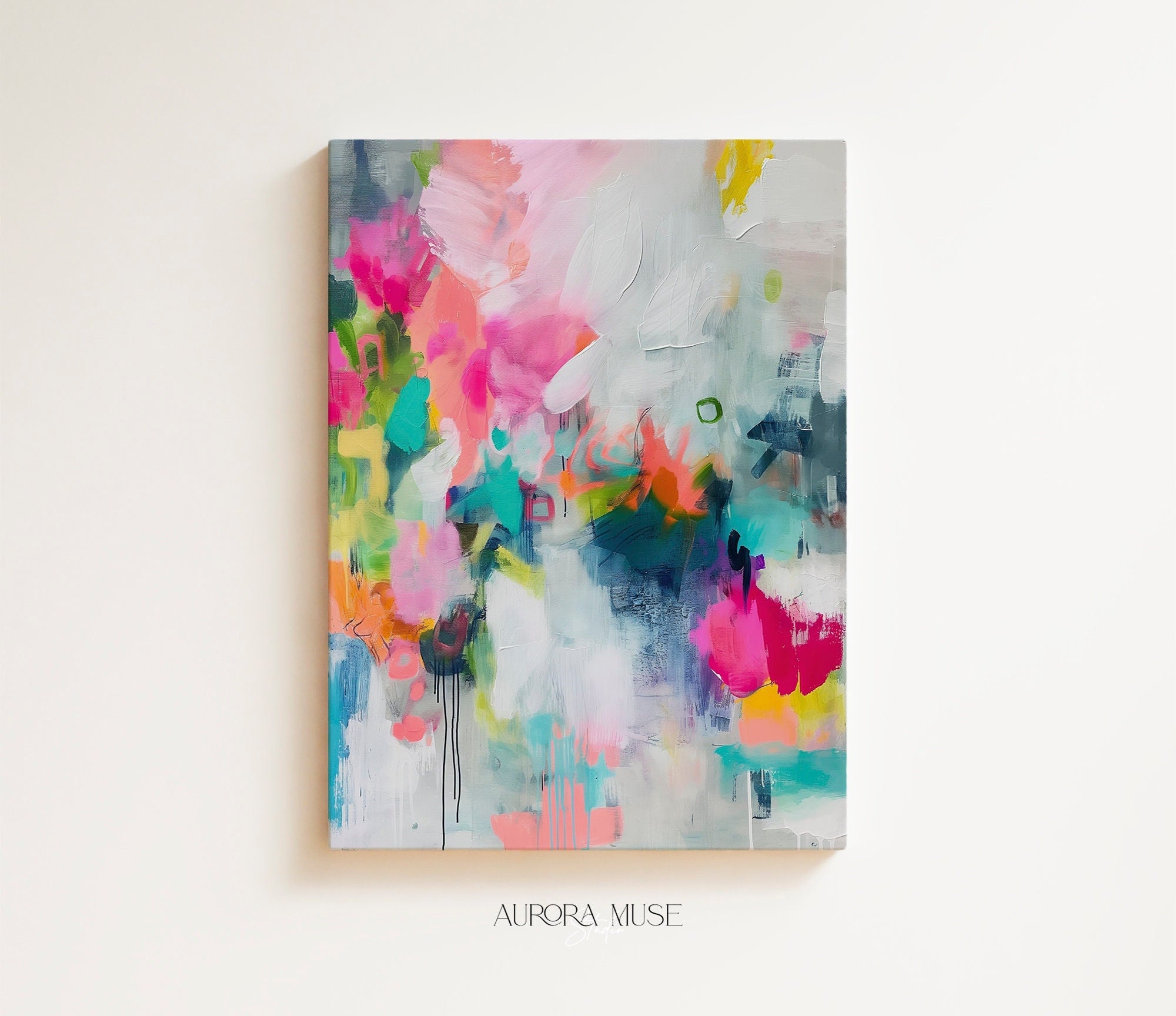 Vertical Pink and Teal Abstract Home Decor: Colorful Modern Wall Art, Large Framed Canvas Art Nursery & Kids Room | Aurora Muse 255
