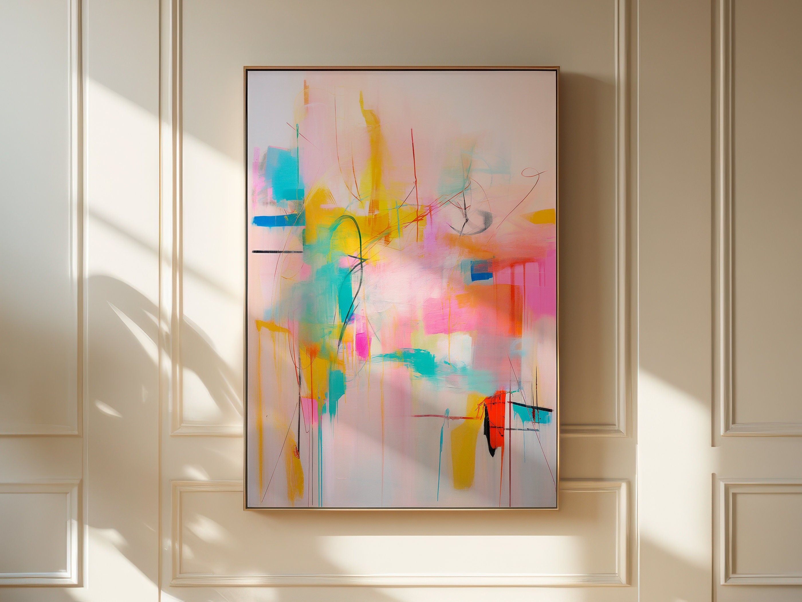 Vertical Abstract Wall Art Framed Canvas Painting Pink Yellow Aqua Modern Giclee Print Large Colorful Artwork for Living Room Decor 031 Colorful abstract art print on framed canvas, perfect for vibrant wall decor, modern home design, office decor, and staging projects. Large statement art featuring bold brushstrokes and colorful texture. Ready-to-hang giclée canvas adds energy to any living space.