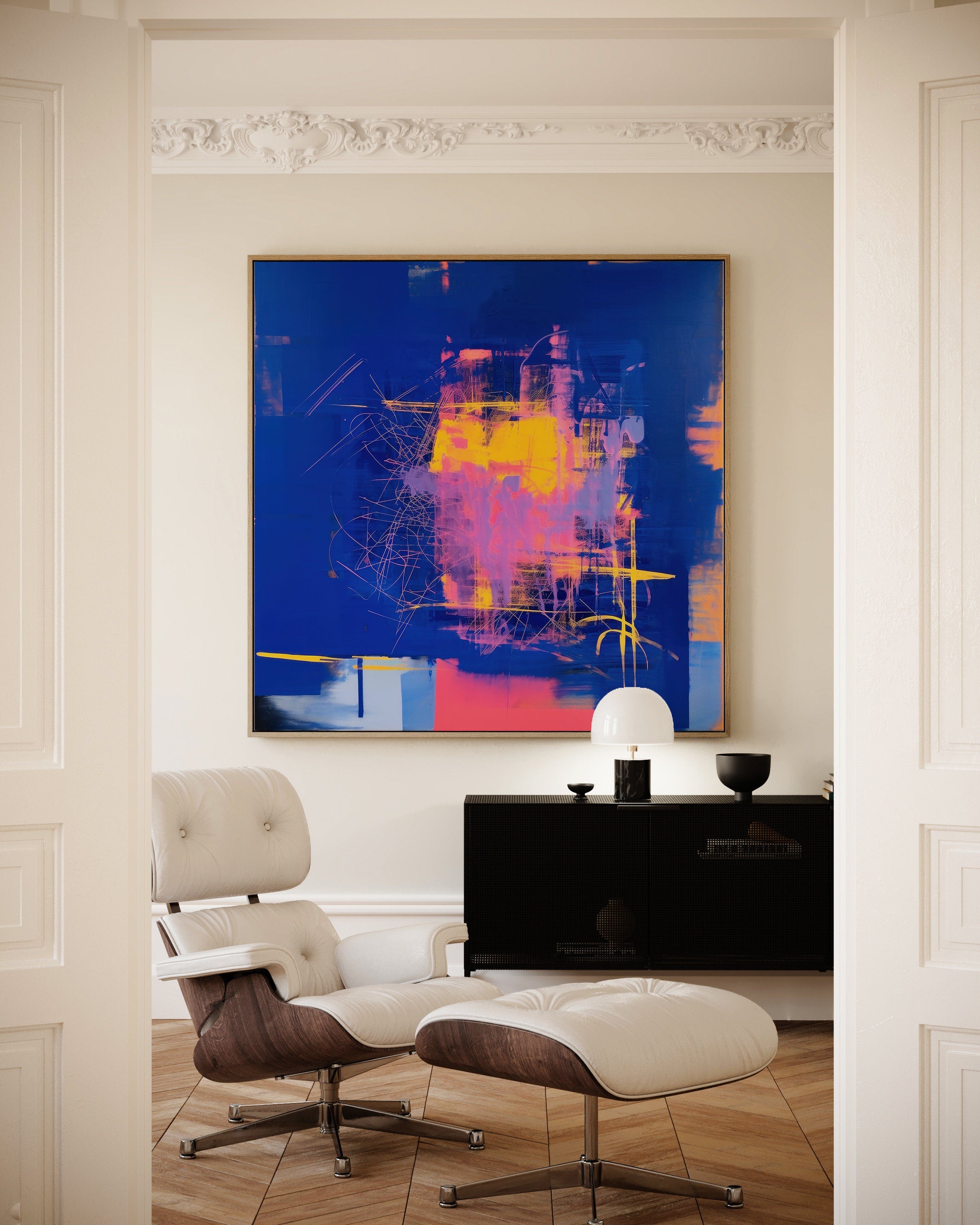 Bright Colorful Framed Abstract Wall Art, Bold Blue and Pink Square Canvas for Eclectic Interiors, Dopamine Decor Statement Piece 002