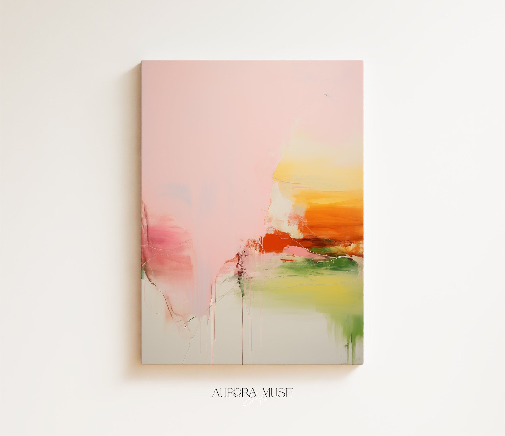 Vertical abstract wall art featuring soft blush pink, vibrant orange, and muted green tones displayed on a clean white wall. Light pastel contemporary canvas ideal for bright living rooms, bedrooms, or warm minimalist interiors. Available as framed wall art or canvas by Muse Studio.