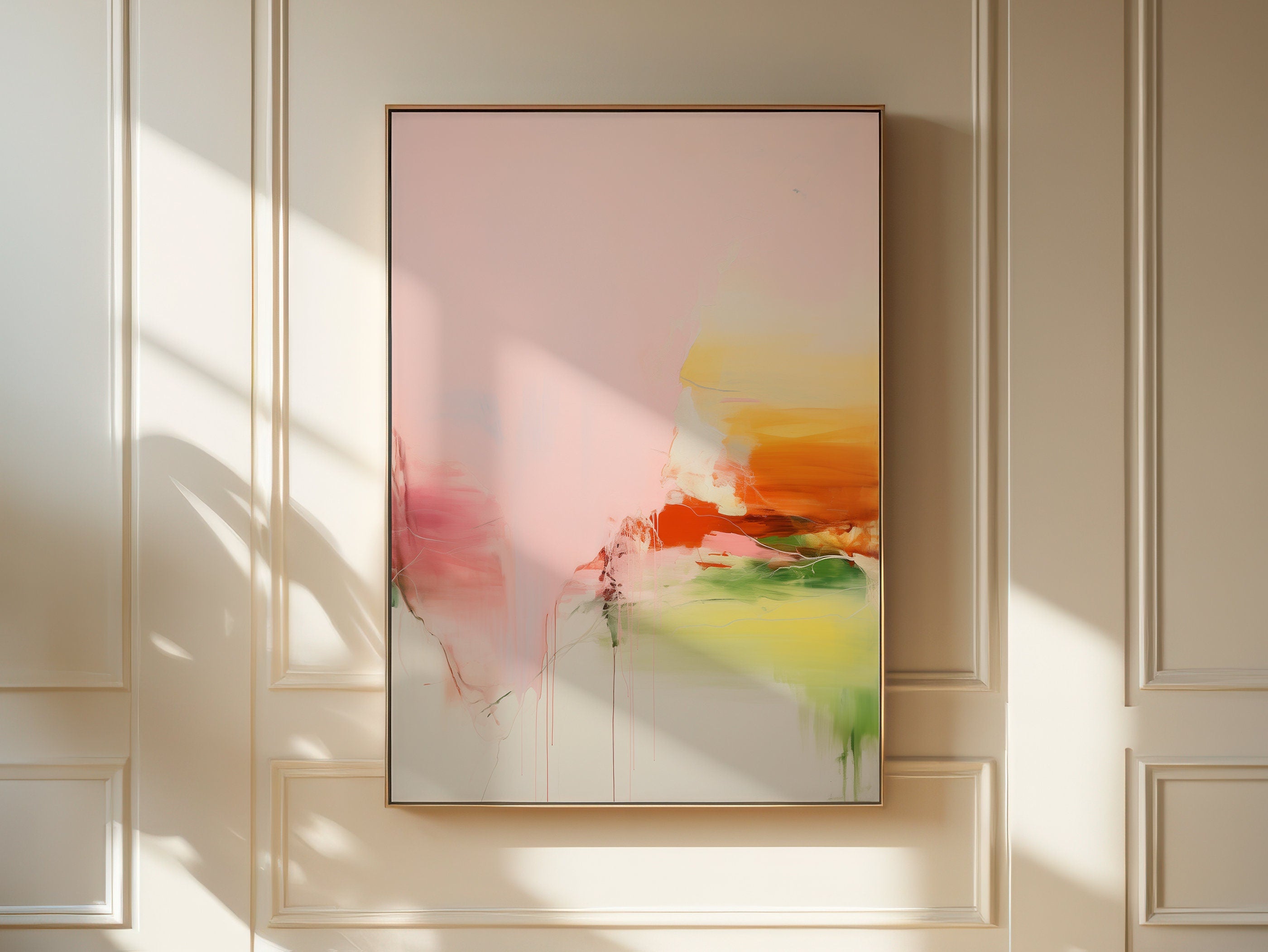 Pink and Green Abstract | Framed Canvas Wall Art, Modern Giclée Art Print, Colorful Abstract Painting for Living Room or Bedroom Decor | 292
