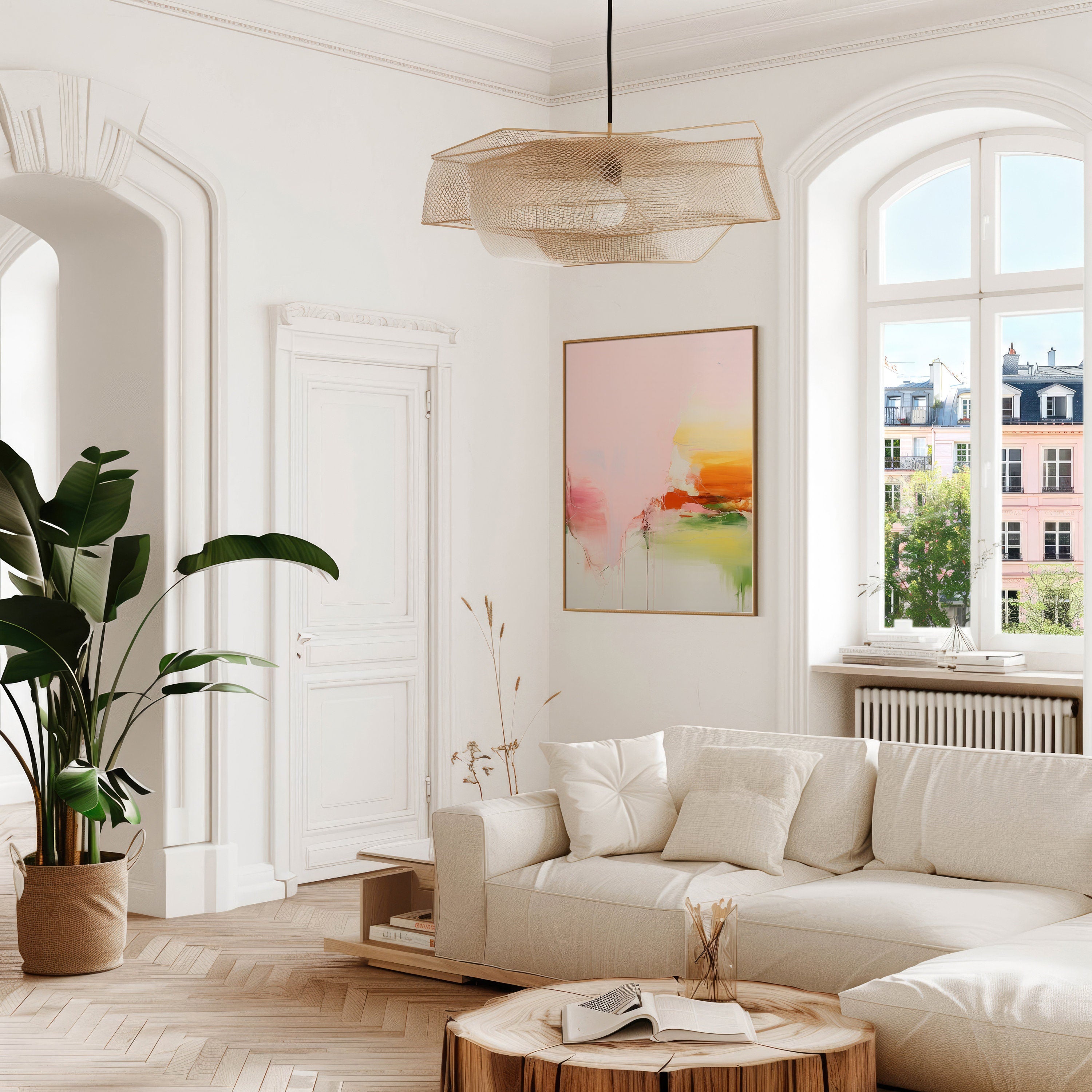 Vertical abstract wall art featuring soft blush pink, vibrant orange, and muted green tones displayed on a clean white wall. Light pastel contemporary canvas ideal for bright living rooms, bedrooms, or warm minimalist interiors. Available as framed wall art or canvas by Muse Studio.
