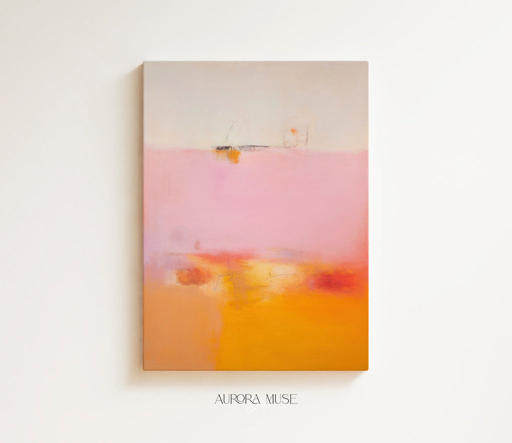 Muse Studio framed canvas wall art featuring pink, peach, and golden sienna abstract tones with soft tonal movement and airy texture, styled for transitional living rooms and soft contemporary bedrooms, printed with museum-grade giclée inks on premium gallery-wrapped artist canvas.