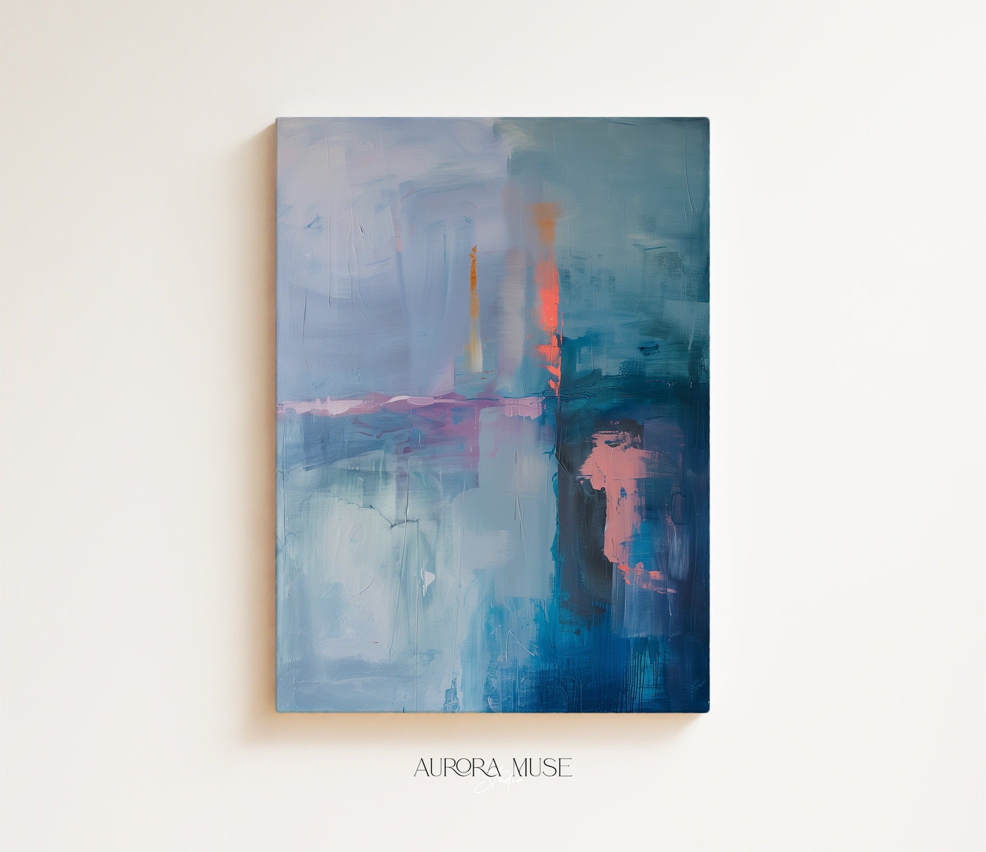 Blue Teal Pink Abstract Canvas Wall Art, Floating Framed Art, Giclée Print, Large Vertical Bedroom Decor, Soft Contemporary • 264