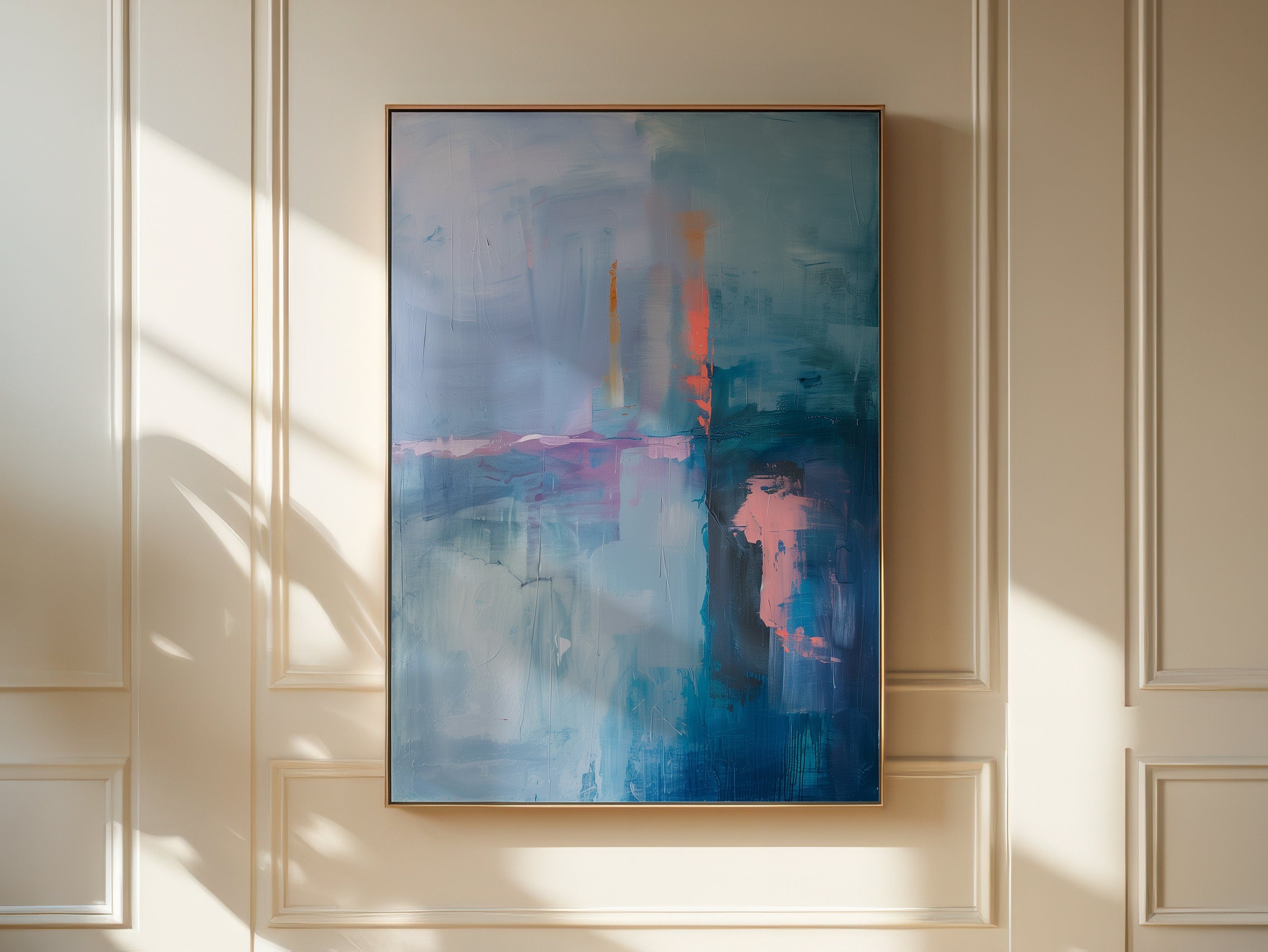 Blue Teal Pink Abstract Canvas Wall Art, Floating Framed Art, Giclée Print, Large Vertical Bedroom Decor, Soft Contemporary • 264